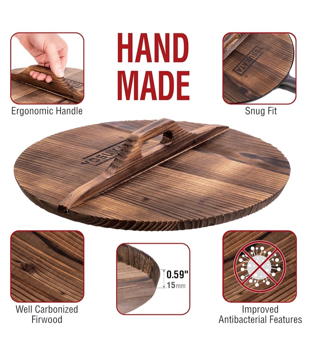Cast Iron Wok Cover – Premium 13.5 inch Pan Lid Wooden in with Ergonomic Handle