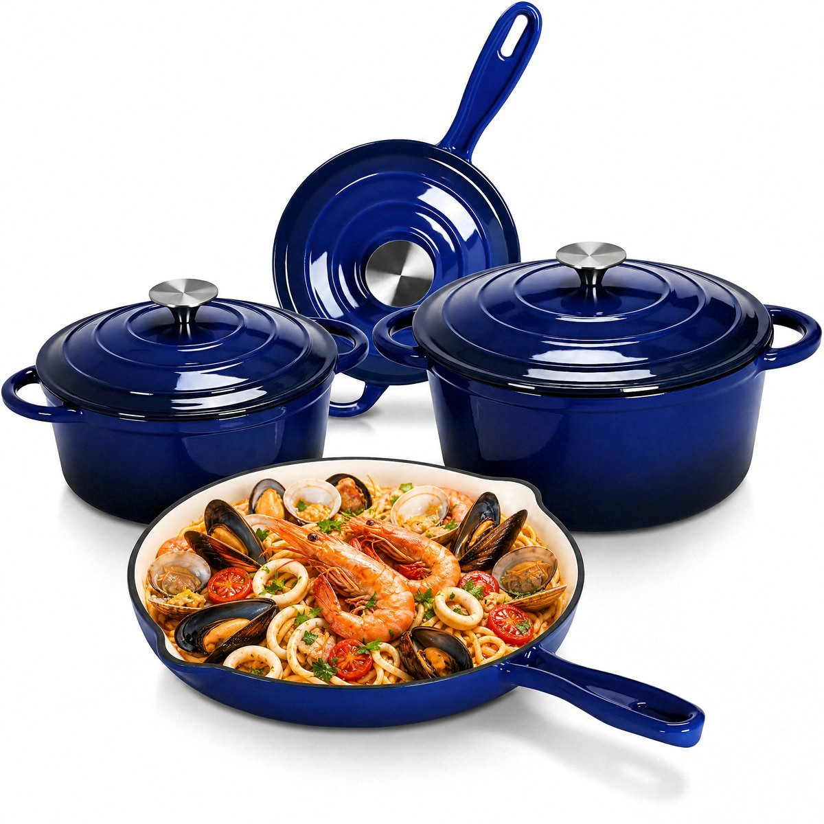 7Pcs Cast Iron Cookware Set Nonstick Enameled Dutch Oven PFOA & PFAS Free