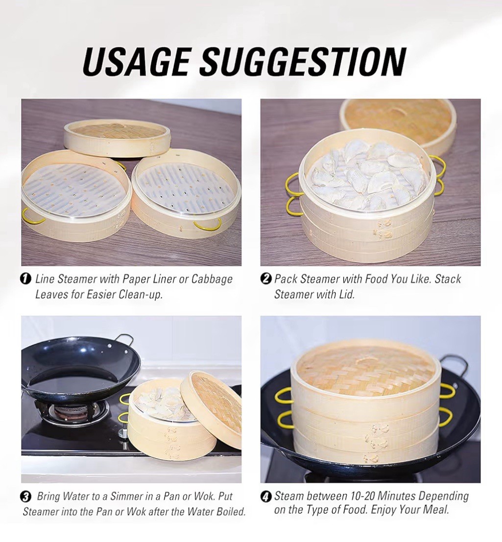 10″ Bamboo Steamer Basket Set – 2 Tier Dumpling Steamer with Handles & Liners