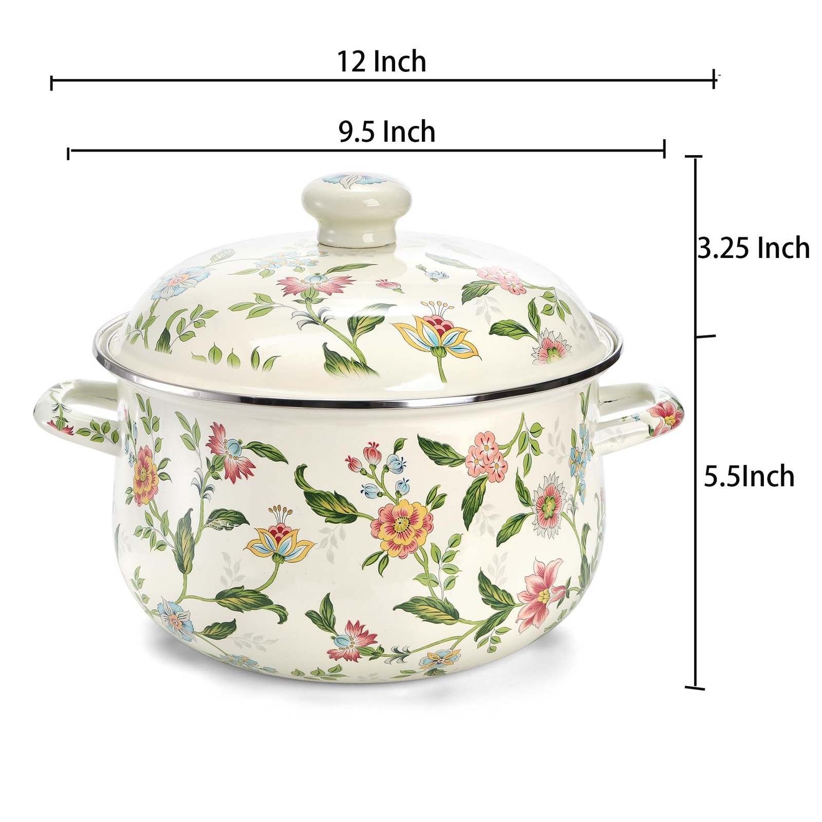 5 Quart Enamel Stockpot with Lid, Green Floral Enamelware Cooking Pot with Du…