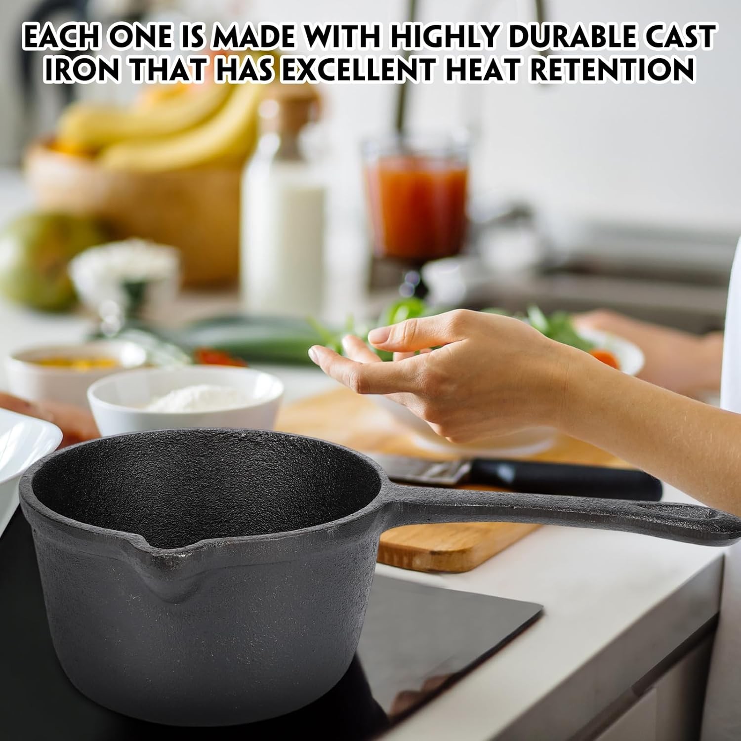 2 Pcs Cast Iron Sauce Pan 1.2 Quart Basting Pot with Handle Small Pre-seasoned
