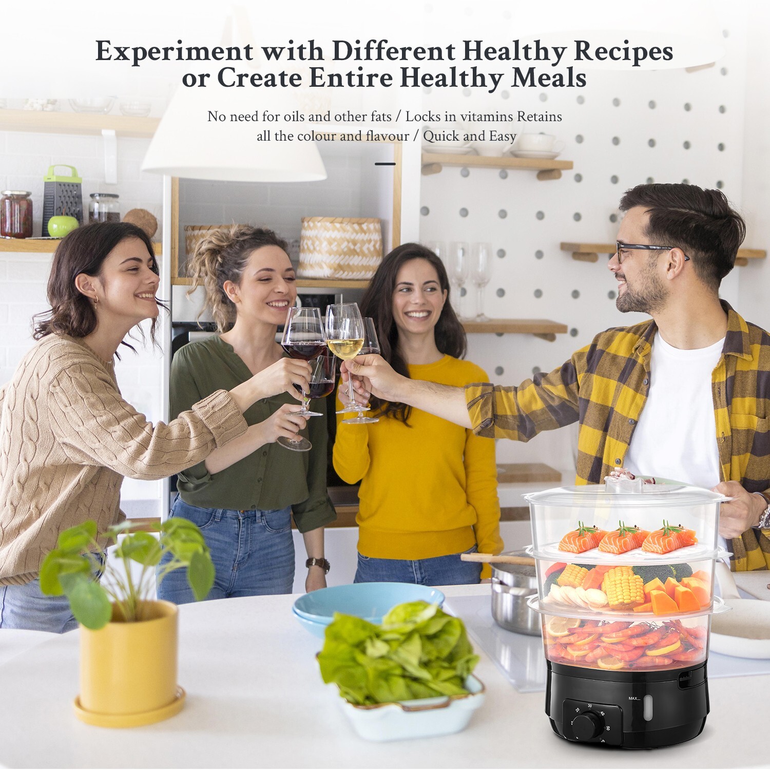 13.7QT Steamer, 3-Tier BPA-Free, 800W, 60-Min Timer, for Veggies & Rice