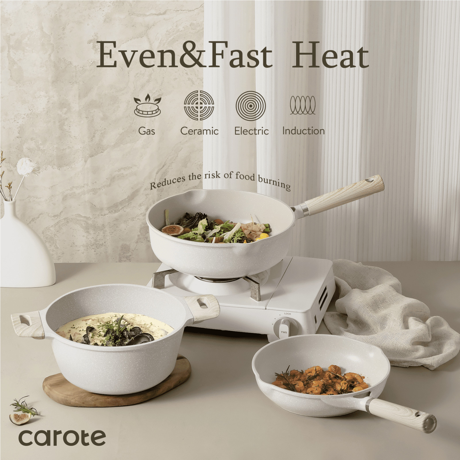 HOT SALES-CAROTE 24 Pcs Granite Nonstick Cookware Set Pots Pans Beige Detachable