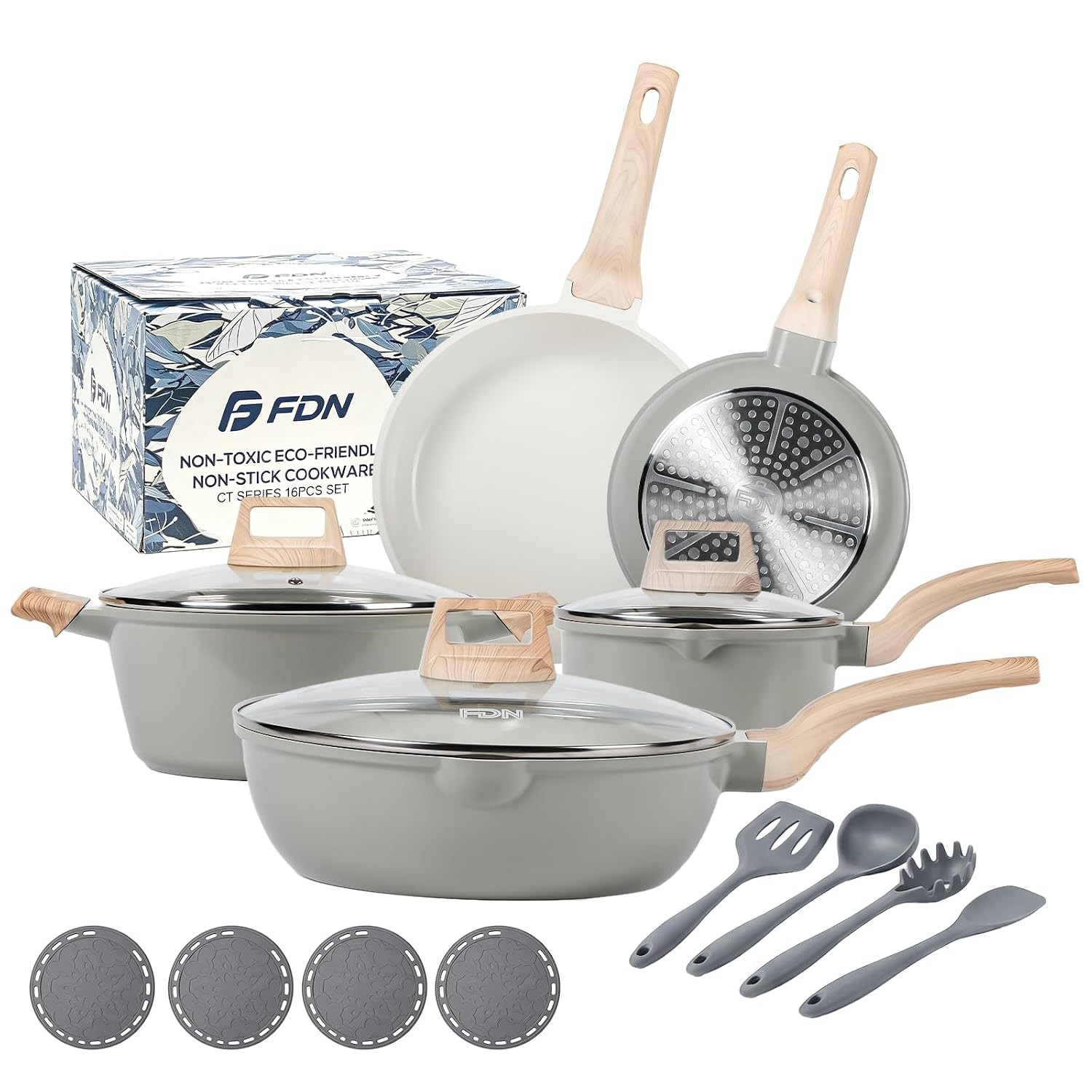 Toxic Free Titanium Cookware Set 16pc Dishwasher Oven Safe Pots Pans Set Taupe