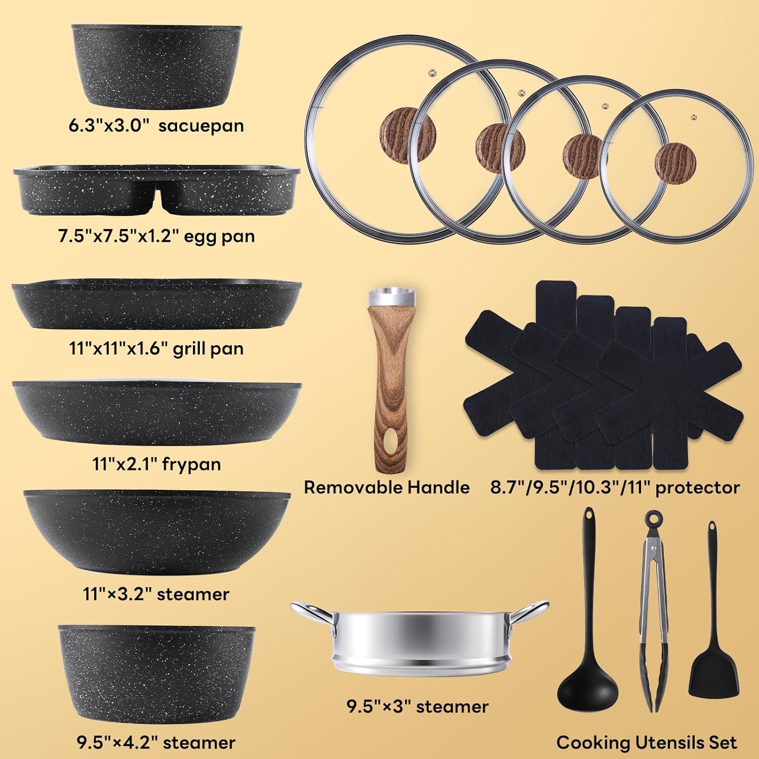 17 Pcs Nonstick Pots & Pans Non-toxic Kitchen Cooking Set with Stay-Cool Handles