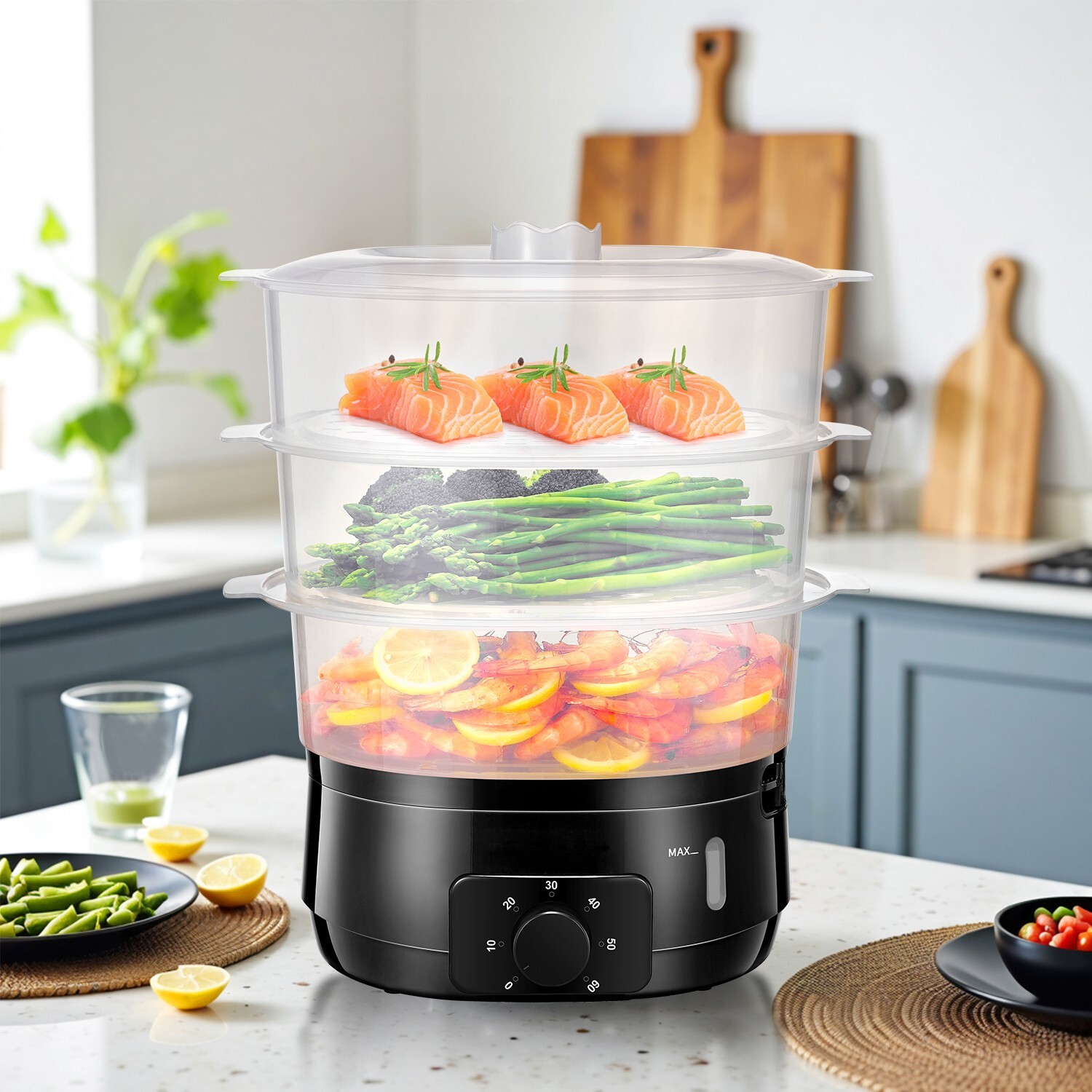 13.7QT Steamer, 3-Tier BPA-Free, 800W, 60-Min Timer, for Veggies & Rice