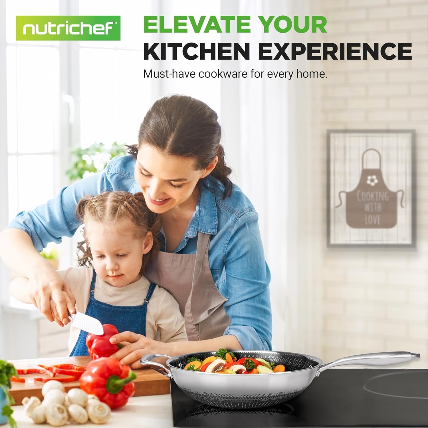 Nutrichef 12 Inch Stainless Steel Nonstick Wok 36 Quart Induction Cookware