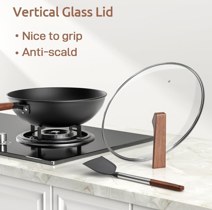 Carbon Steel Wok – Including Glass Cover and Silicone Spatula, 13-Inch