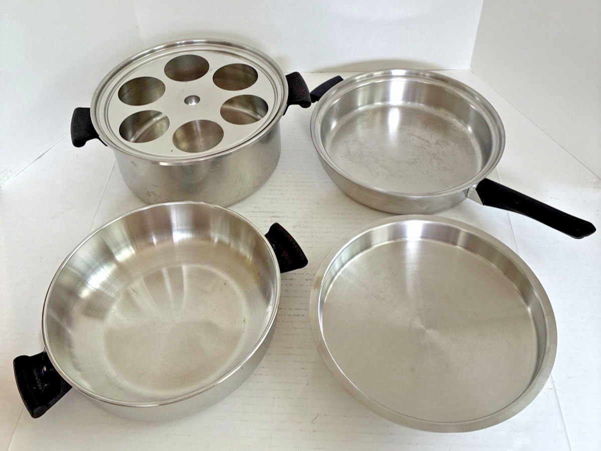 5 PC Amway QUEEN 18 8 SS Multi Ply 6qt Stock Pot Dome 11″ Fry Pan Lid Egg Insert