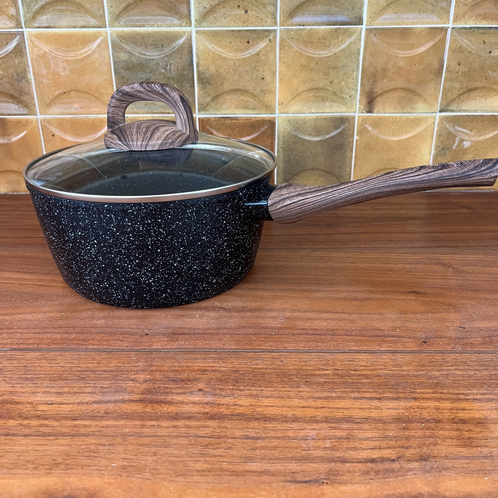 Black Speckled Aluminum Non-Stick 2.5 Quart Saucepan and Lid w/ Bakelite Handle