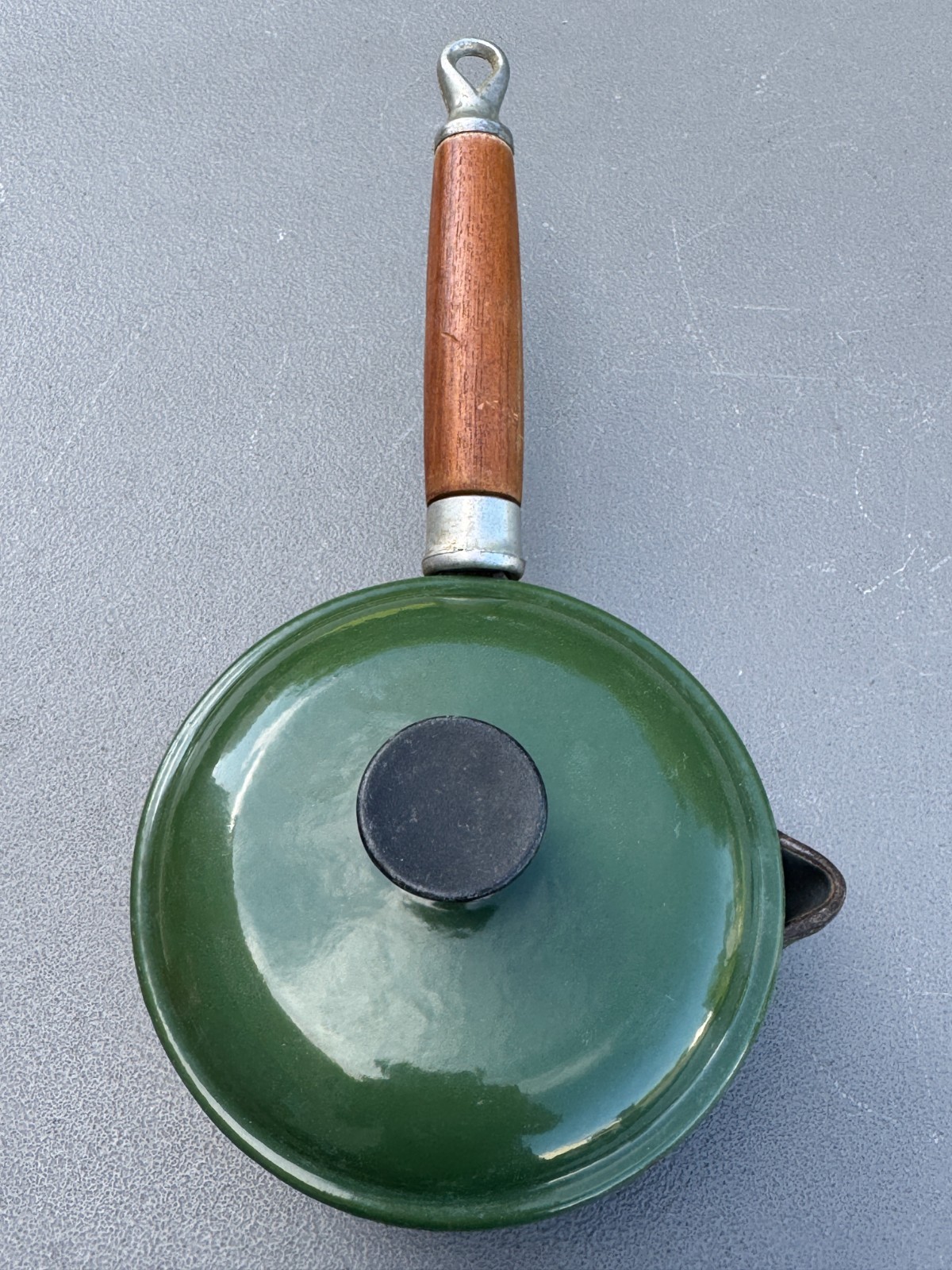 2 Vintage Lavec 1 Quart Saucepans Enameled Cast Iron: Red & Green w/Wood Handles