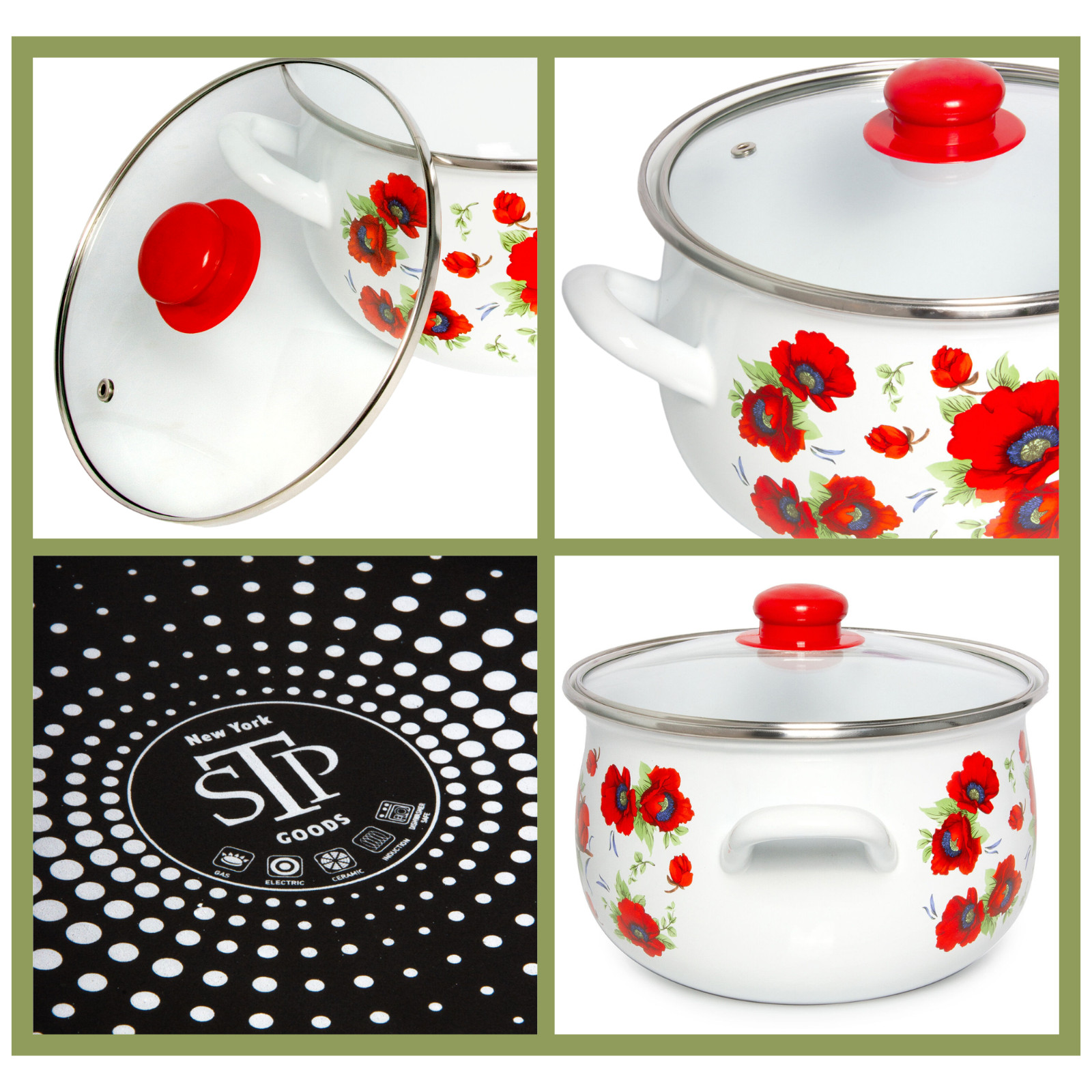 3 pc POPPY Enamel Stockpot Set Cooking Pot Set Enamel Casserole 2-qt 4-qt 6.5-qt