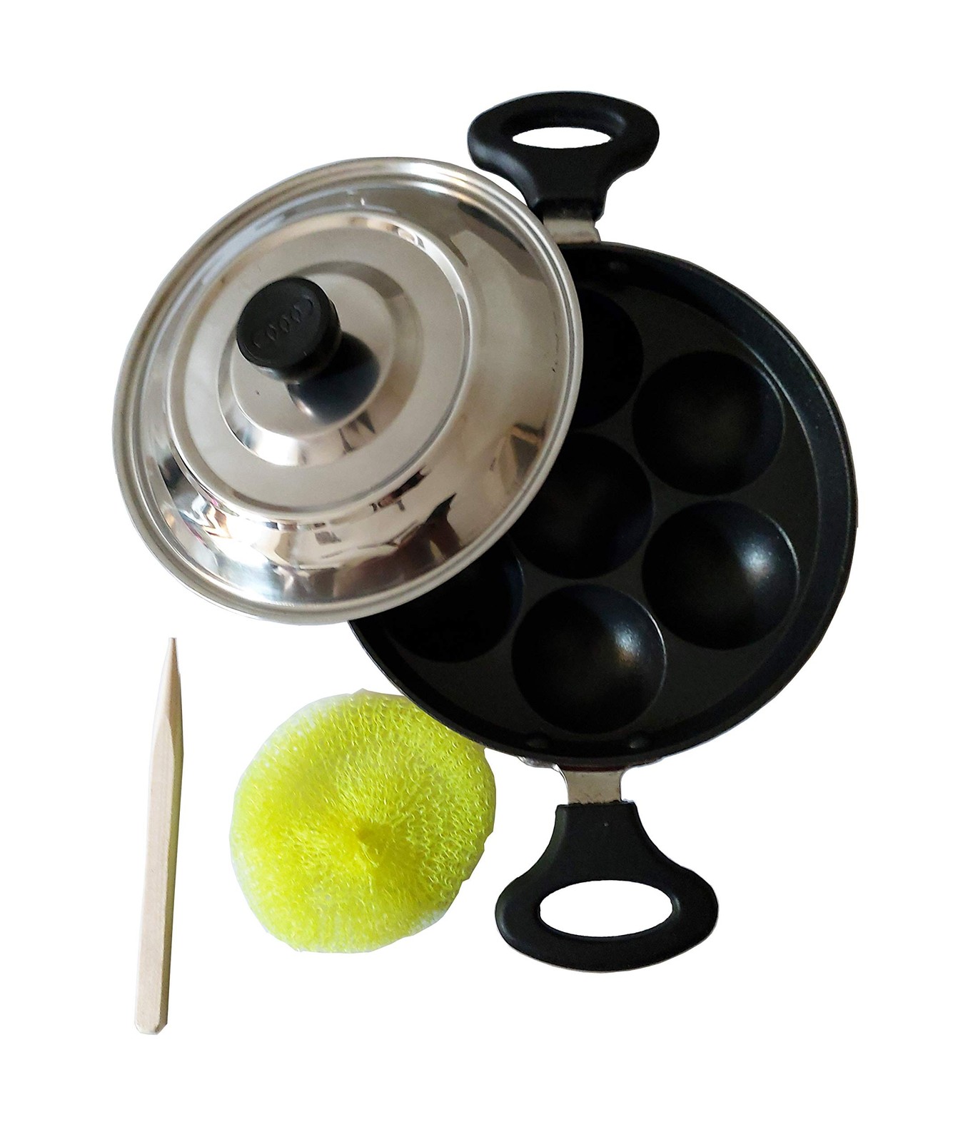 Non Stick Appam Patra Induction Base Maker With Lid 7 Pits Spatula Scrubber