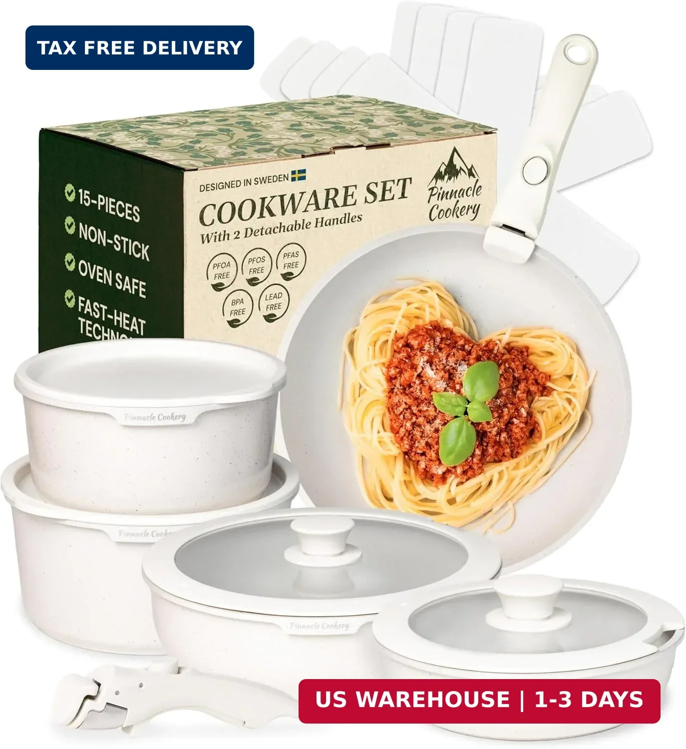 15-Piece White Granite Nonstick Cookware Set – Detachable Handles & Tempered Gla