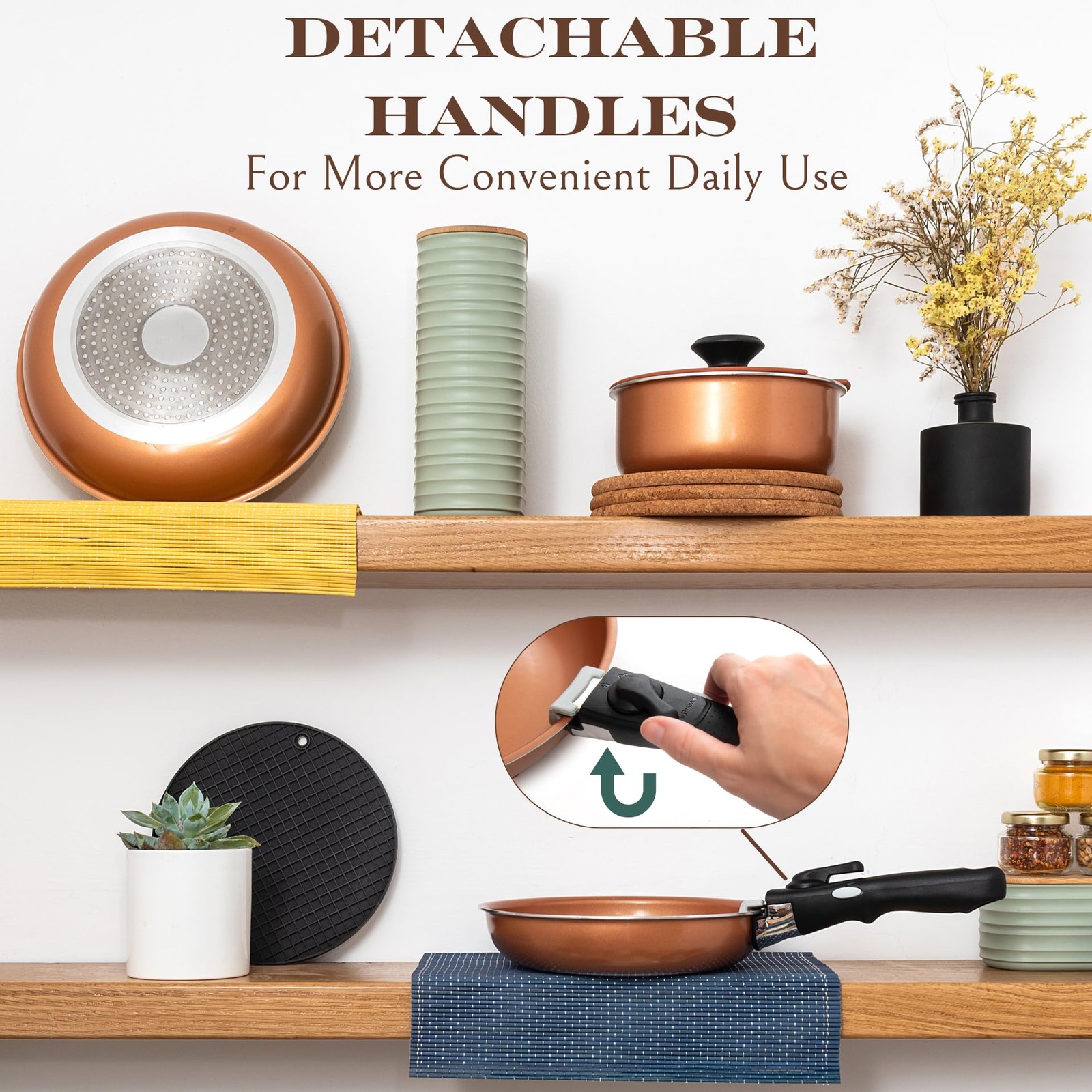 Moss & Stone Copper Pots And Pans Set Nonstick, Removable Handle Cookware, Stack