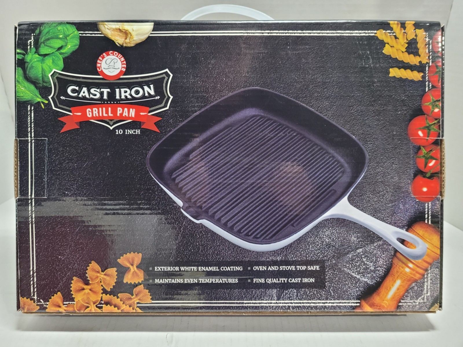 BRAND NEW Chef’s Counter Cast Iron Grill Pan 10″ Square White Enamel Coating