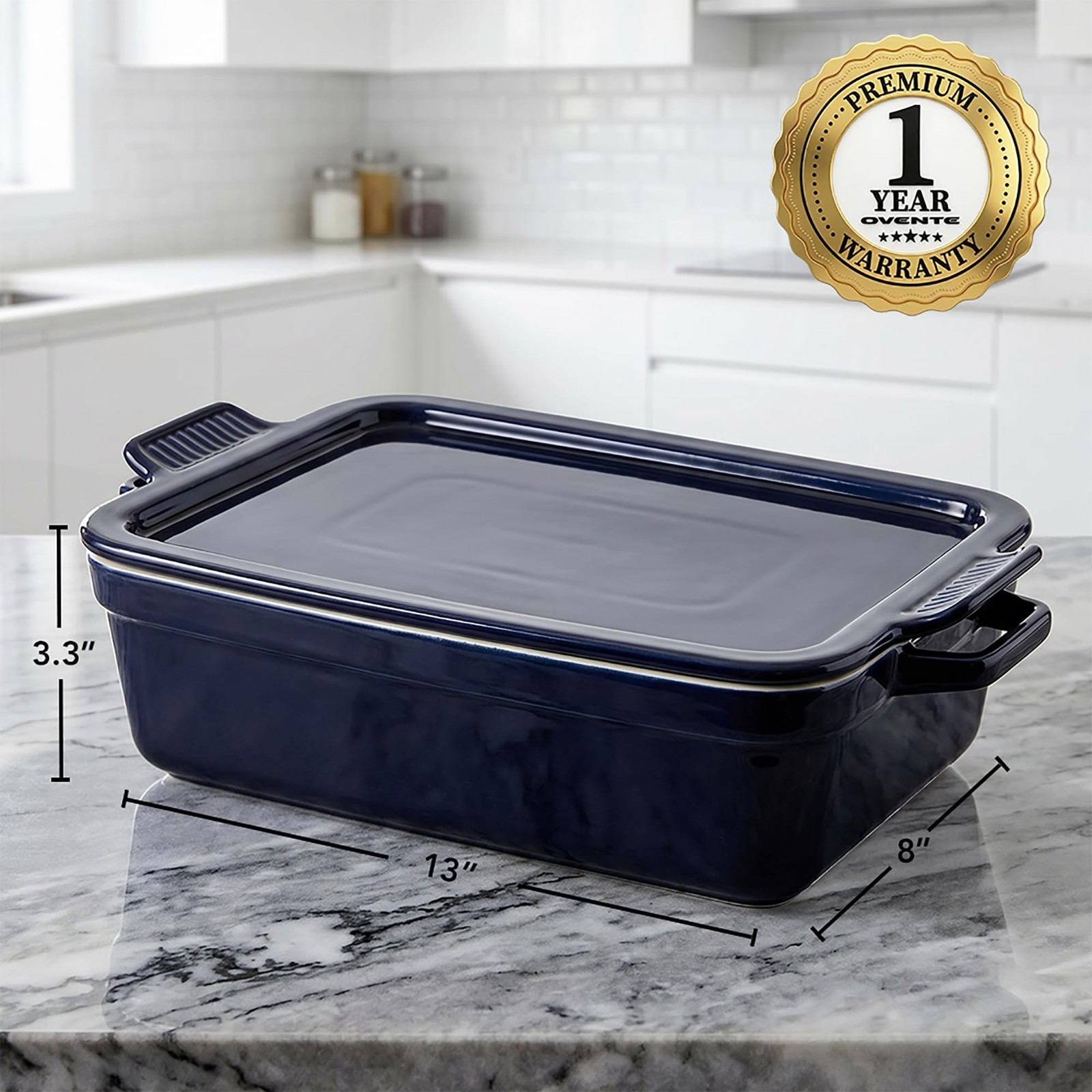 OVENTE Ceramic Baking Dish with Lid 3 Quart Rectangular Blue BP13BL