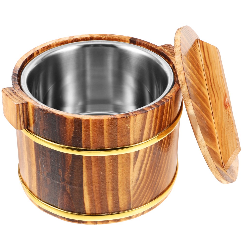 1 Set Wooden Rice Barrel Coffee Color Steaming Bucket for Sushi Serving