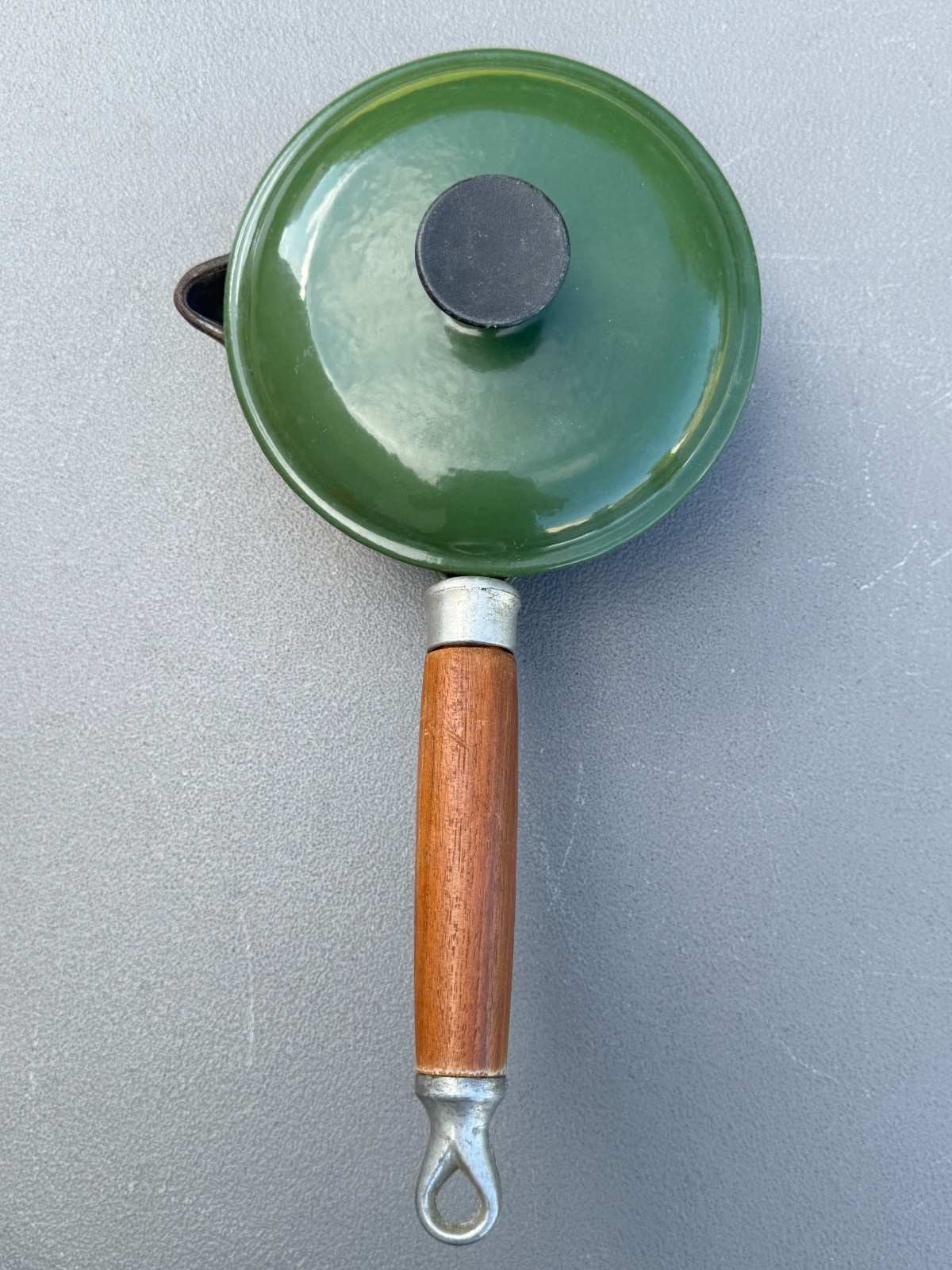 2 Vintage Lavec 1 Quart Saucepans Enameled Cast Iron: Red & Green w/Wood Handles