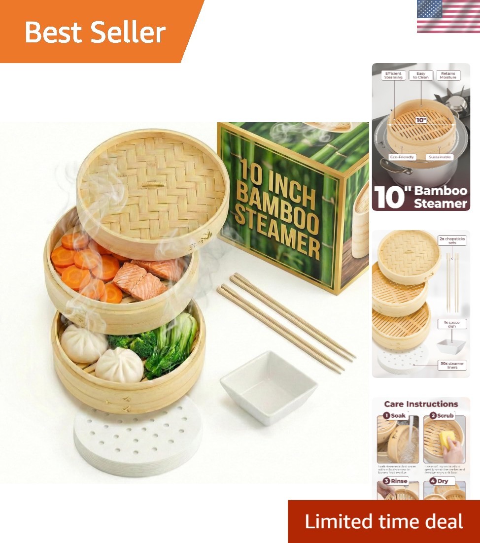 Bamboo Steamer 10-Inch | 2-Tier Asian Cooking Set with Liners and Utensils