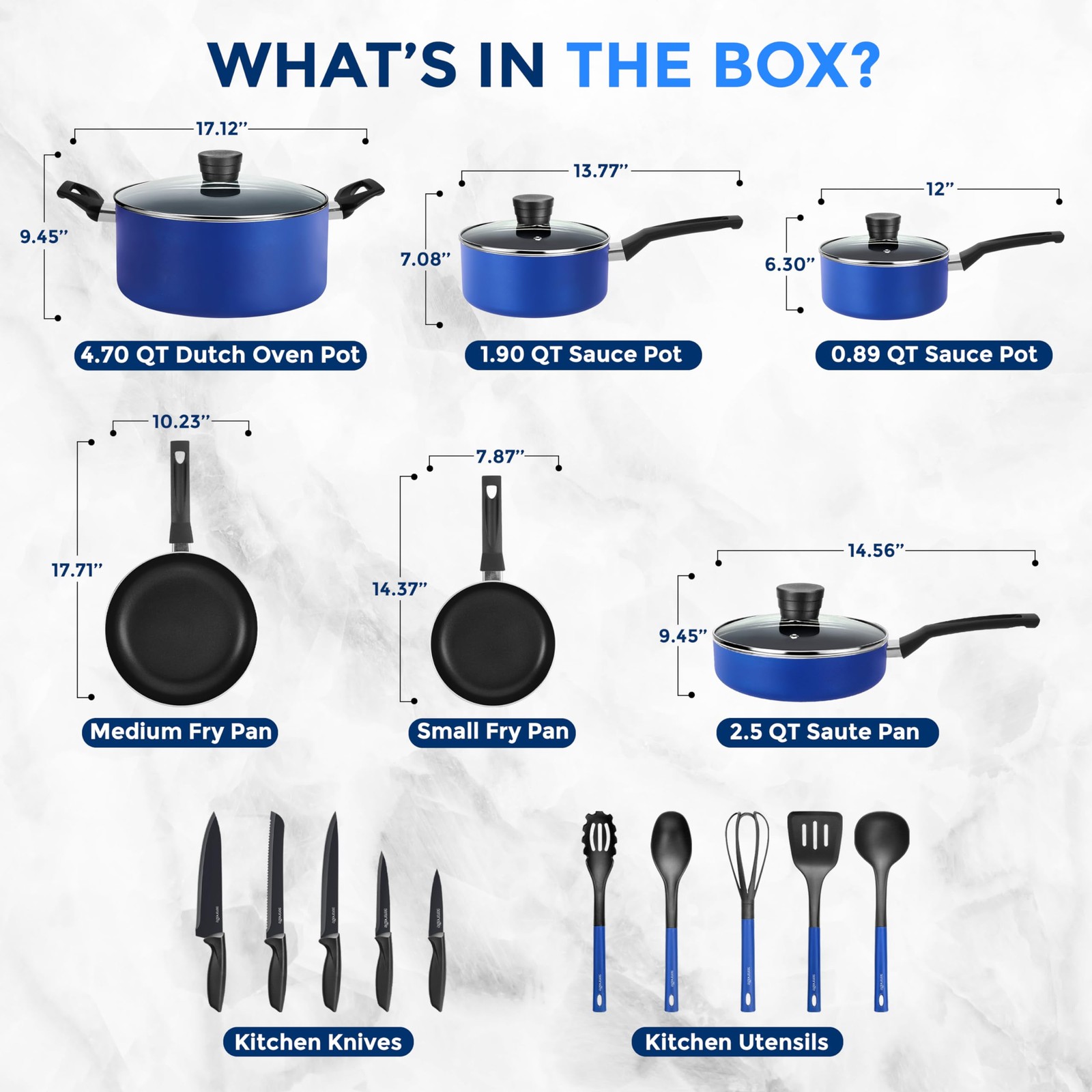 SereneLife 20-Pc Blue Nonstick Cookware Set w/Lids, Utensils & Knives – Dishwash