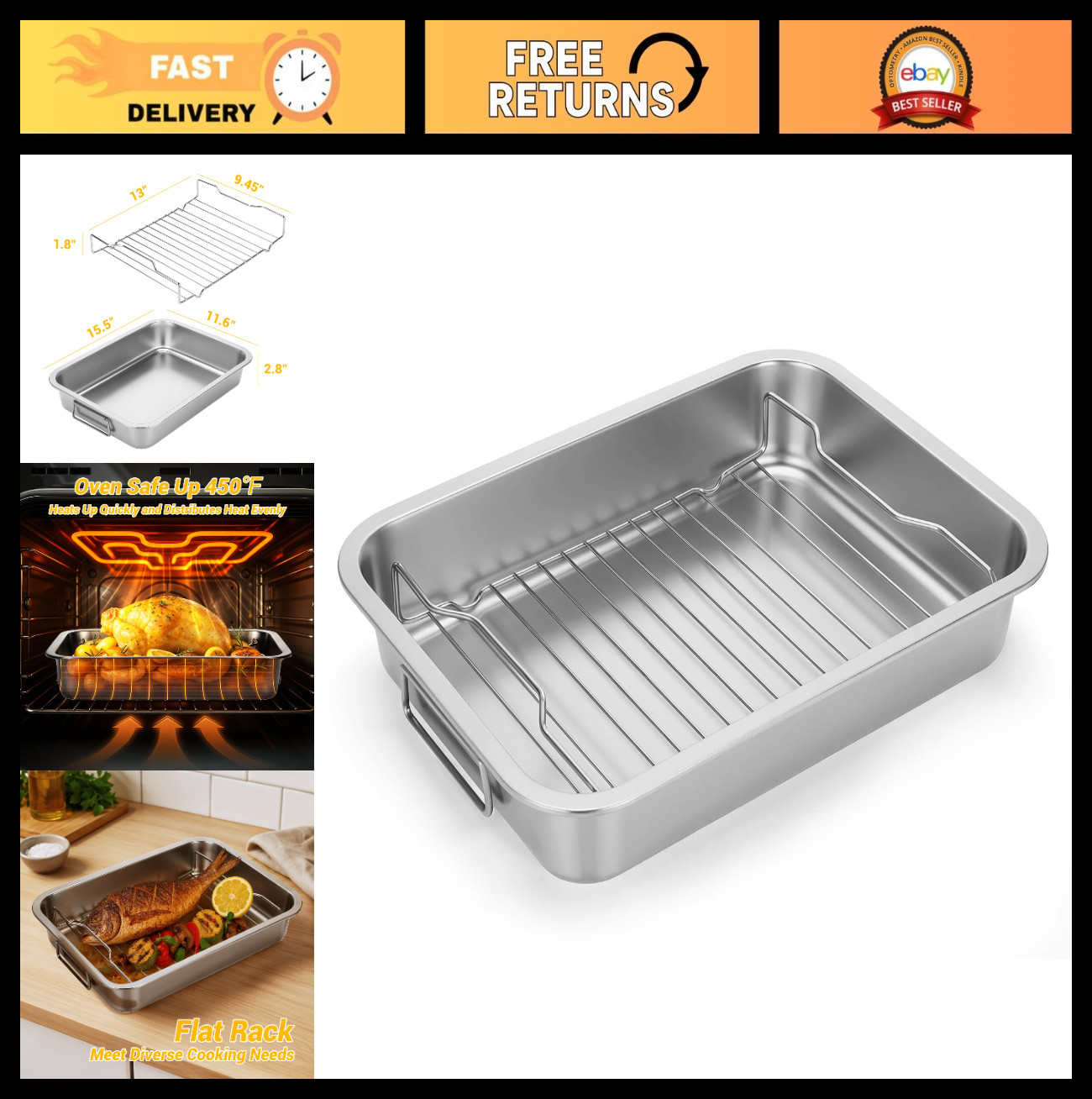 Heavy Duty Stainless Steel Roasting Pan with Rack & Handle – Induction Compatibl