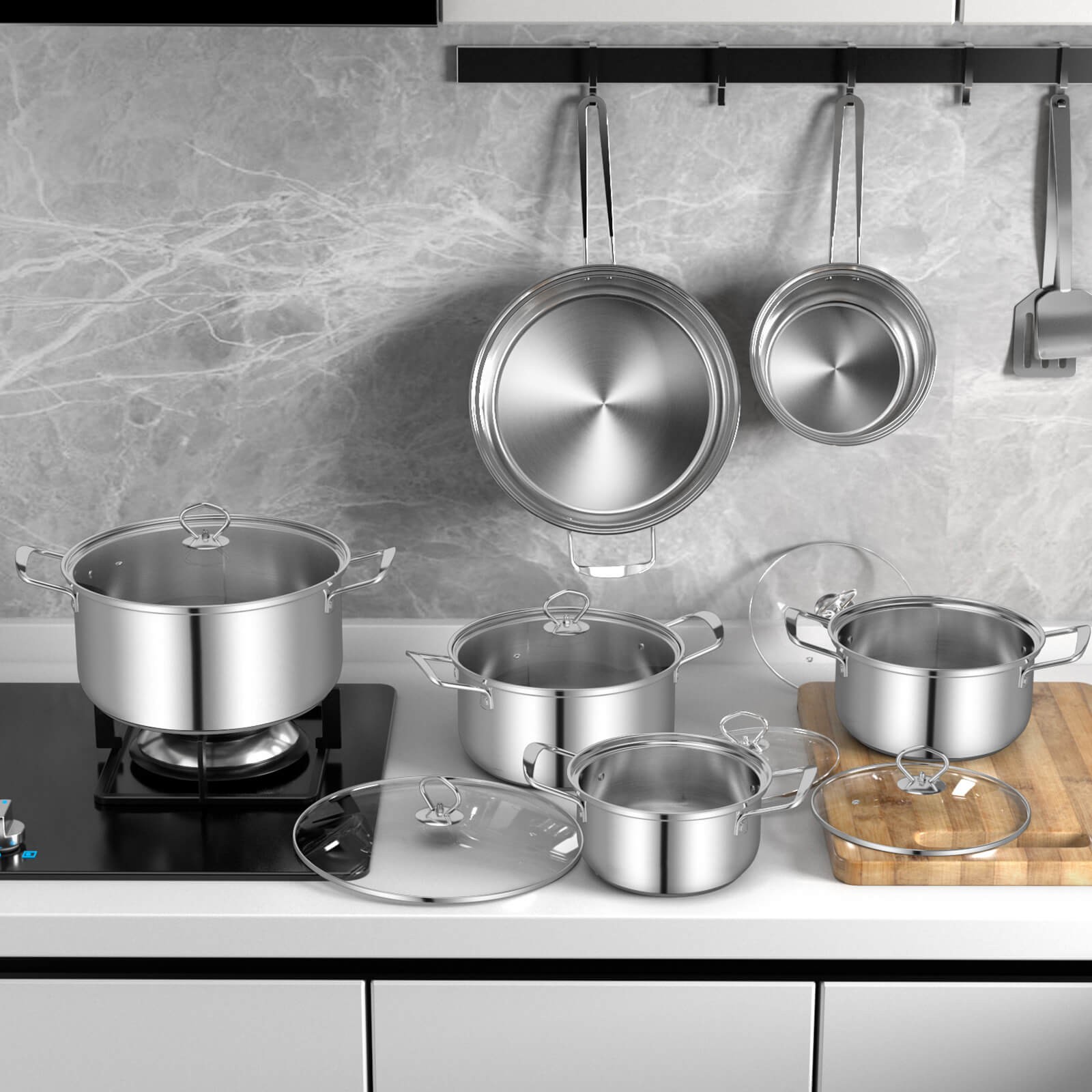 12 Piece Pots & Pans Set w/ Tempered Glass Lids Handles & 3-Ply Base 4 Stockpots