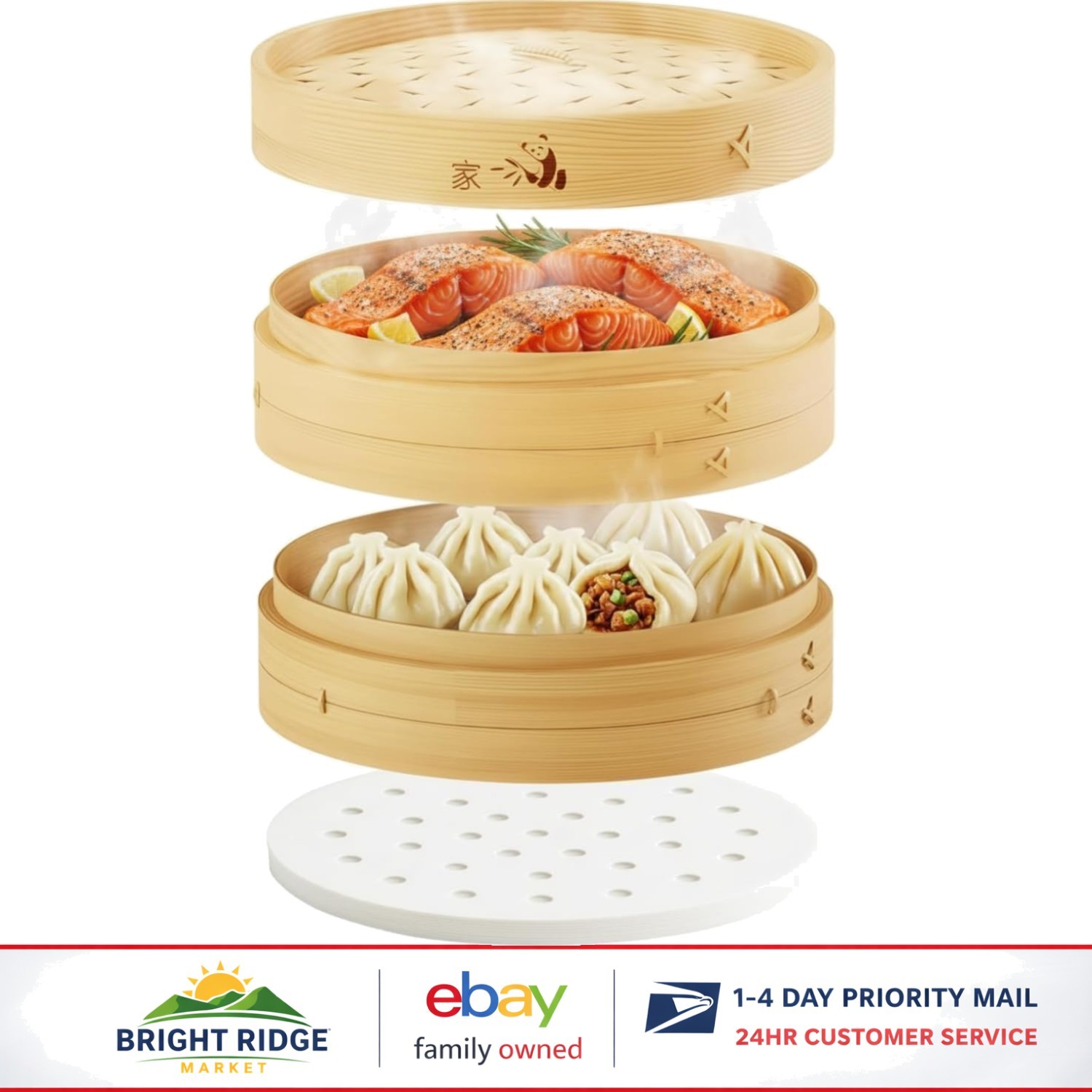 Authentic 2-Tier Bamboo Steamer with Lid for Cooking Rice and Asian Delicacies