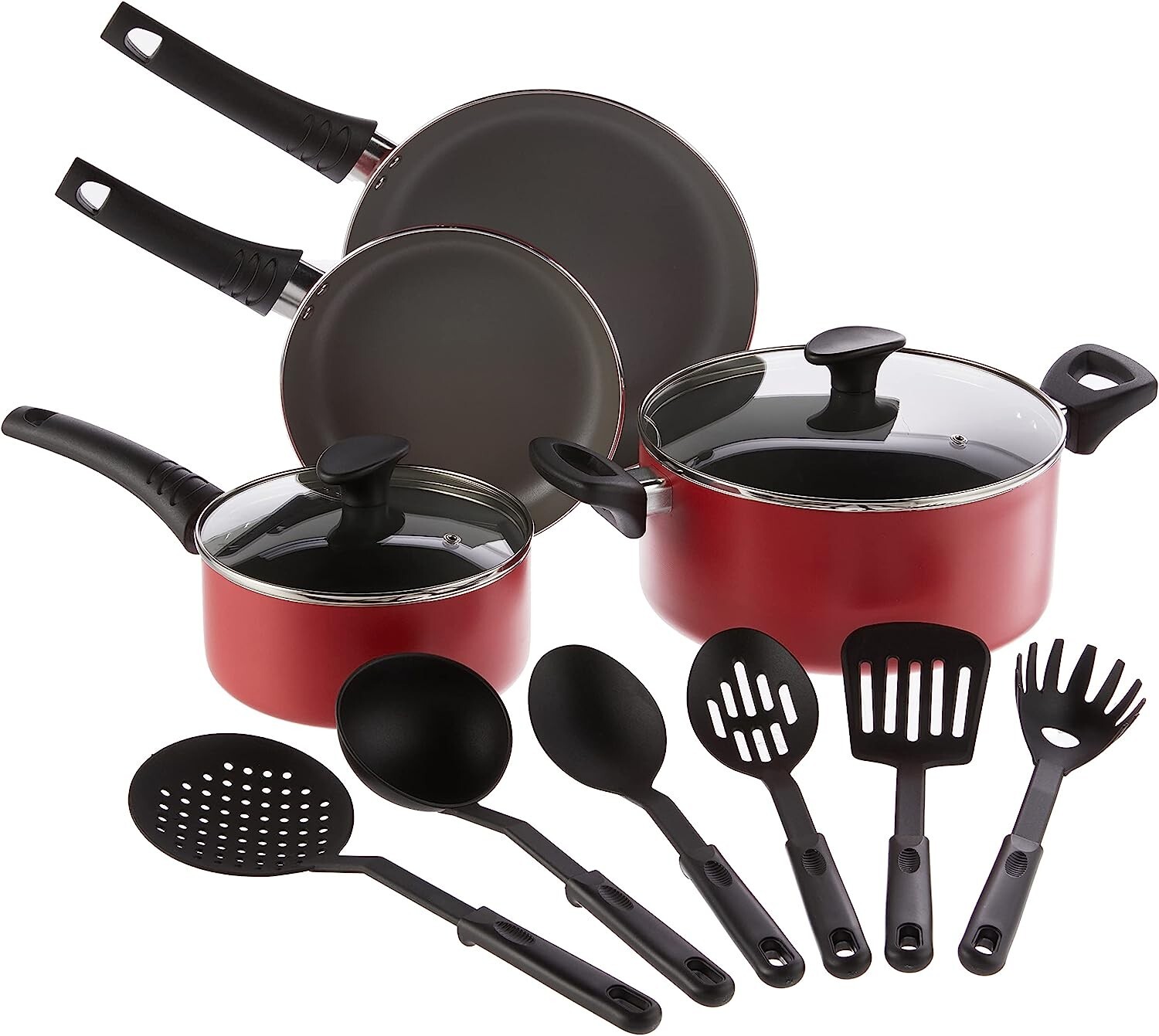 12 Piece Nonstick Cookware Set with Utensils – Compatible with All Stoves – Red
