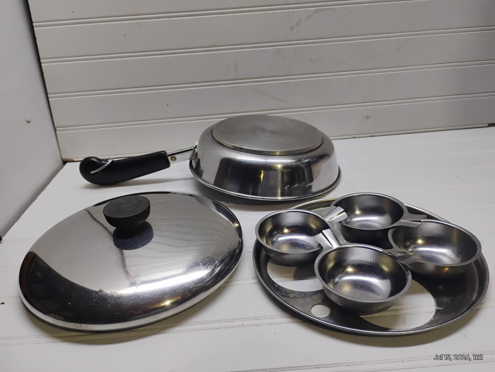 Revere Ware 8″ Skillet Tri-Clad Stainless 4 Cup Egg Poacher Insert Ring & Lid