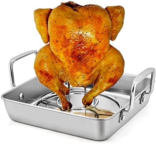 P&P CHEF Beer Can Chicken Holder with Roasting Pan Set, 9-inch Stainless Stee…