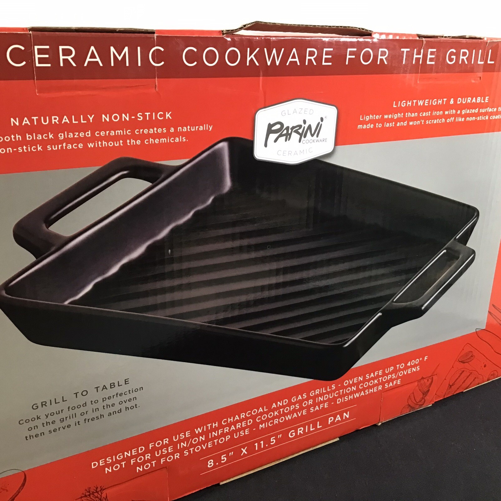 Parini Glazed Black Ceramic Grill Pan Cookware Rectangle 11.5″ x 8.5″ New in Box
