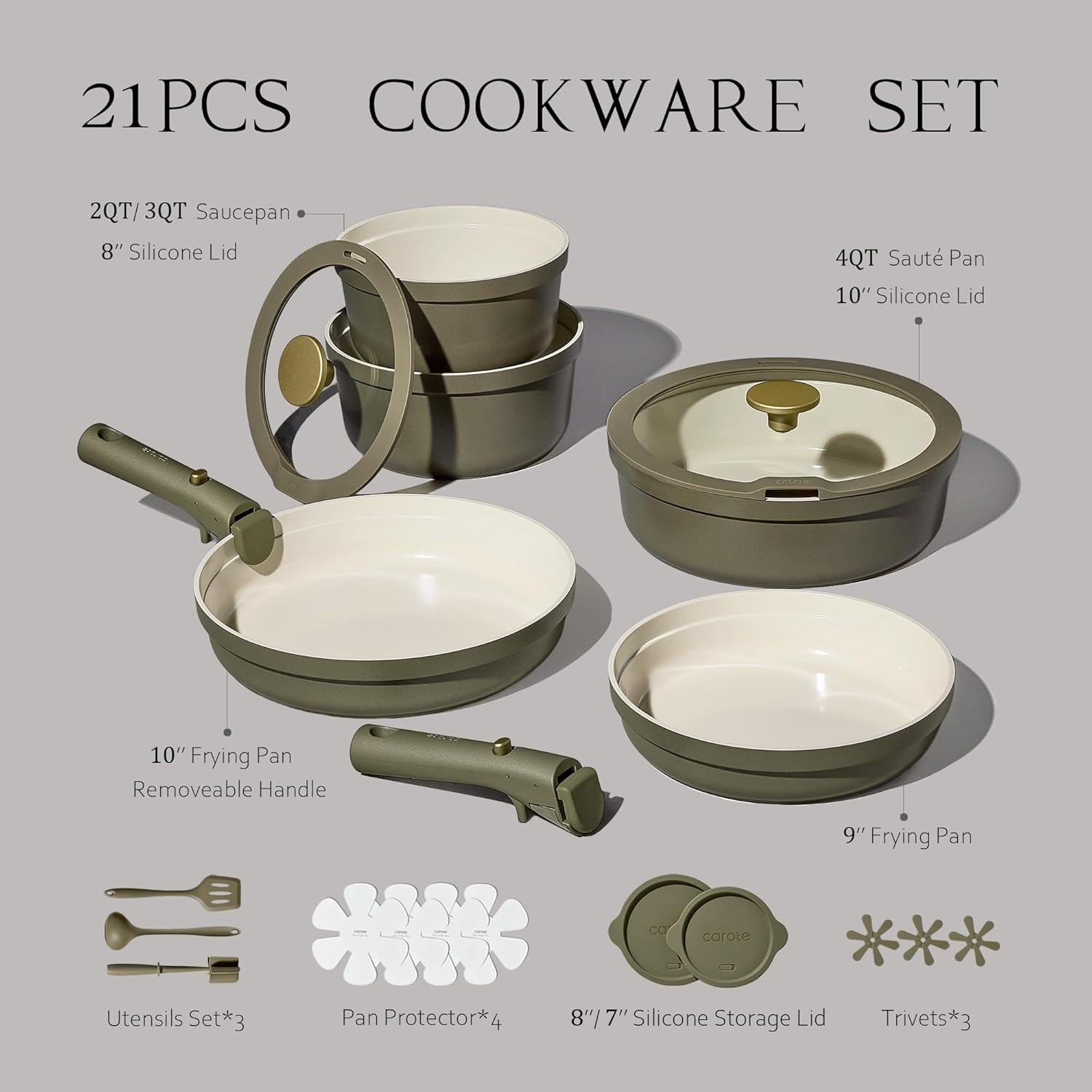 Carote 21Pcs Ceramic Cookware Set with Detachable Handles, Pots and Pans Set Non
