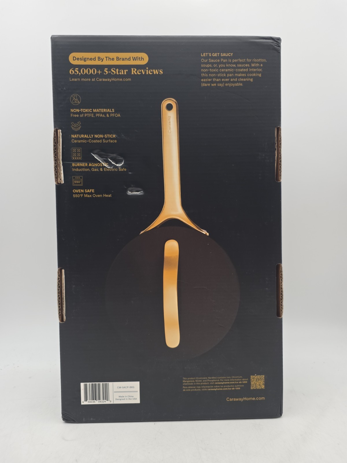 Caraway 3 Qt Ceramic Saucepan with Lid – Black & Gold Non-Stick & Non-Toxic New
