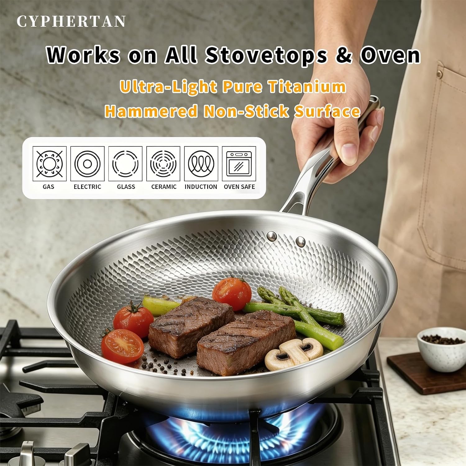 Titanium Frying Pan with Lid, 11″ Uncoated Hammered Skillet, Pfas/Pfoa/Ptfe-Free