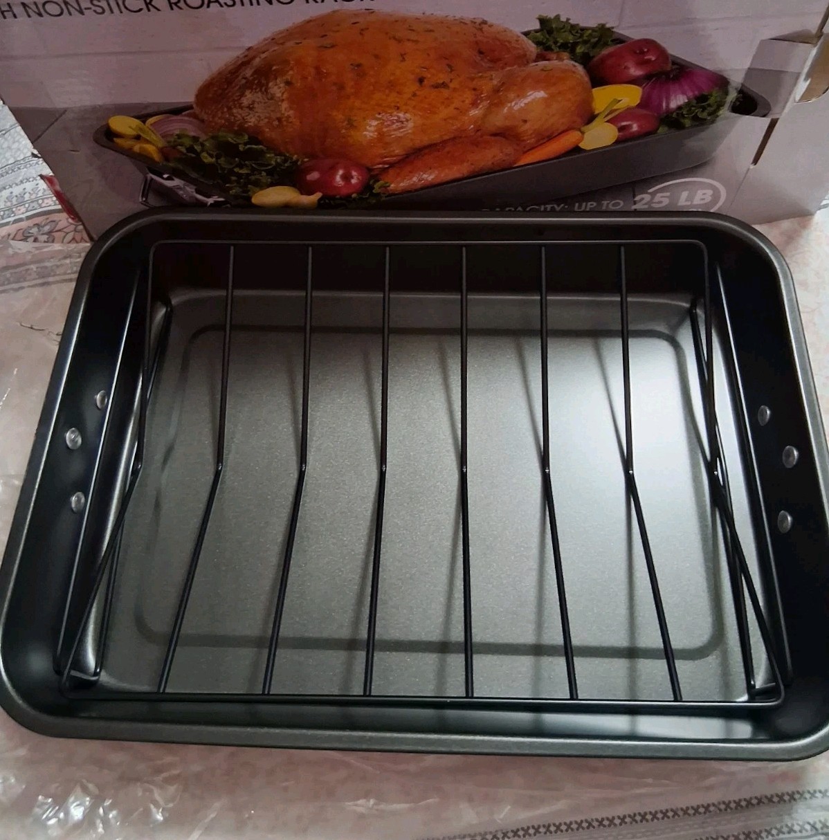 Non-Stick Steel Roaster V-Rack Extra Large 25lb Capacity 17x12x3 New Damaged Box