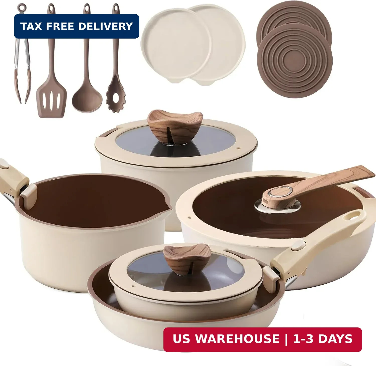 17-Piece RV Pots and Pans Set with Detachable Handle, Stackable Nonstick Cookwar