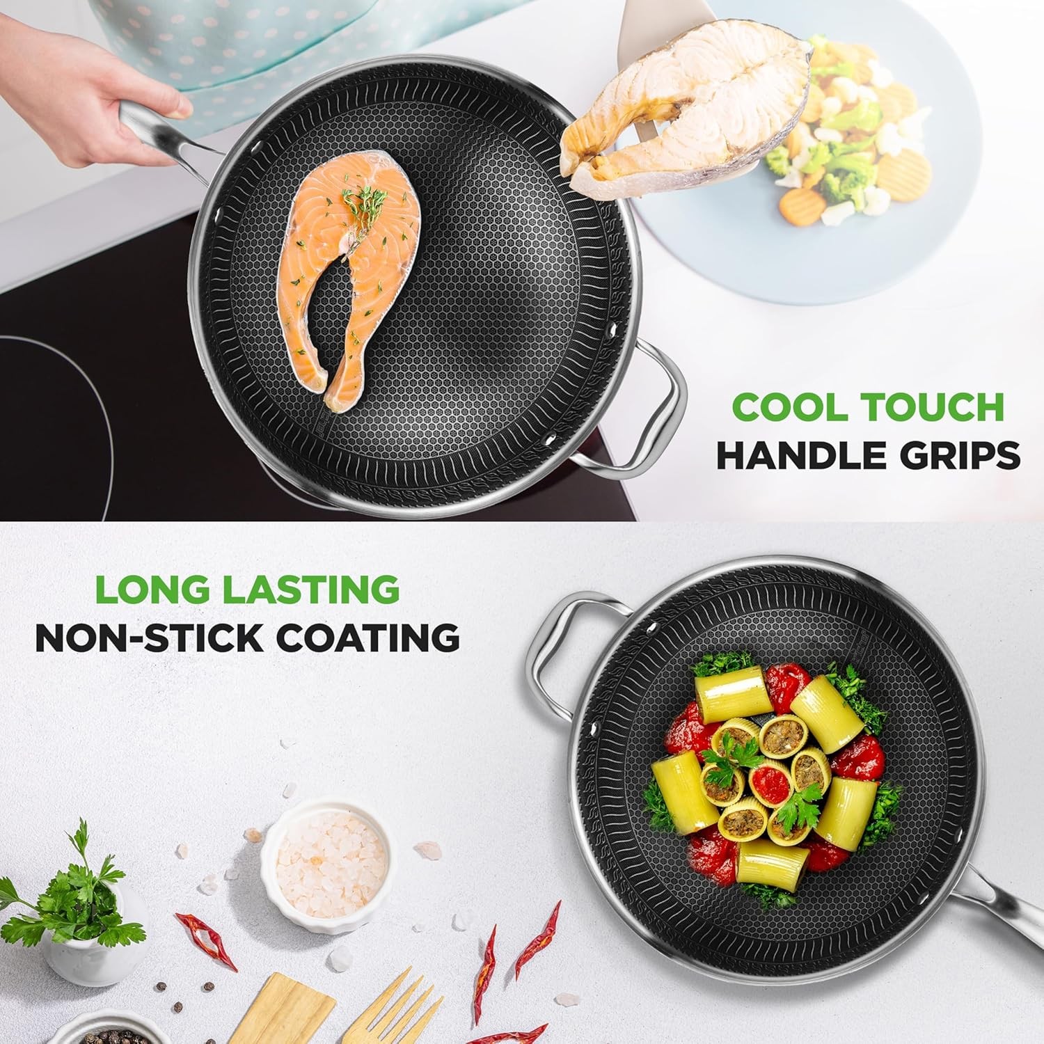 Nutrichef 12 Inch Stainless Steel Nonstick Wok 36 Quart Induction Cookware