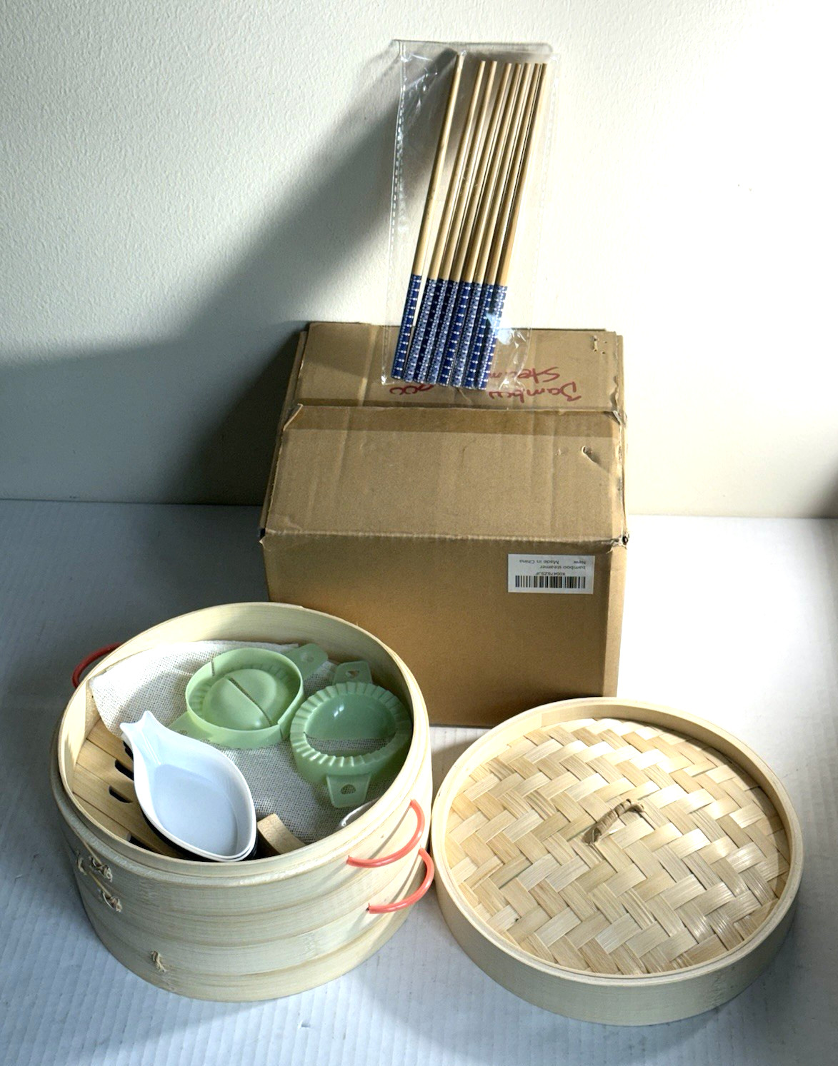 Oriental Style Bamboo Steamer Traditional Natural Stackable 2 Tiered 8″ NEW In B