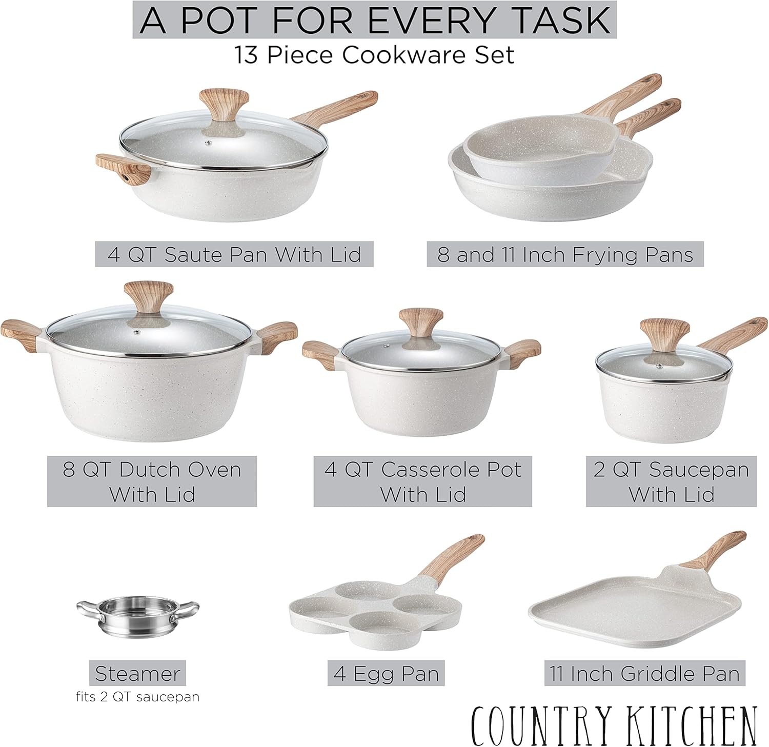 Country Kitchen Non-Stick Cast Aluminum Cookware Set – Kitchen Cookware,13 Pc.