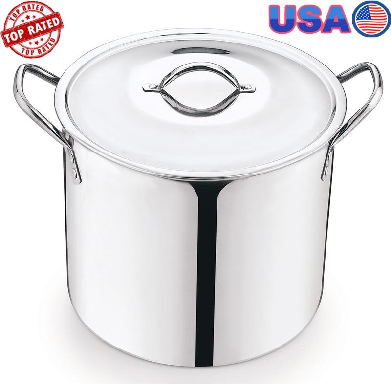8Qt Stainless Steel Stock Pot W/ Metal Lid Stay-Cool Handles Durable Cookware US