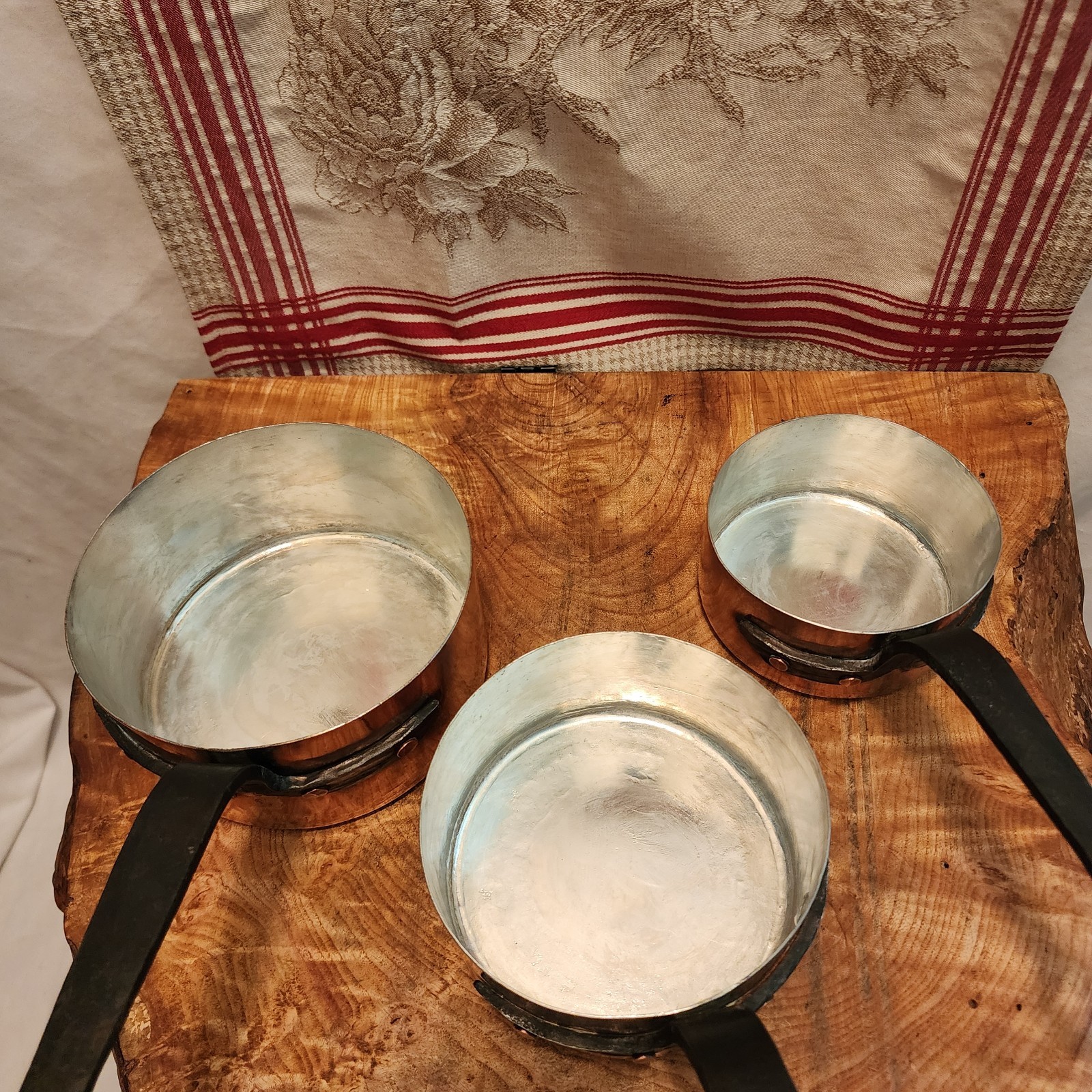Antique Five Piece Set of Copper Saucepans 12-20cm 4.75-8 inch diameters 9.5lb