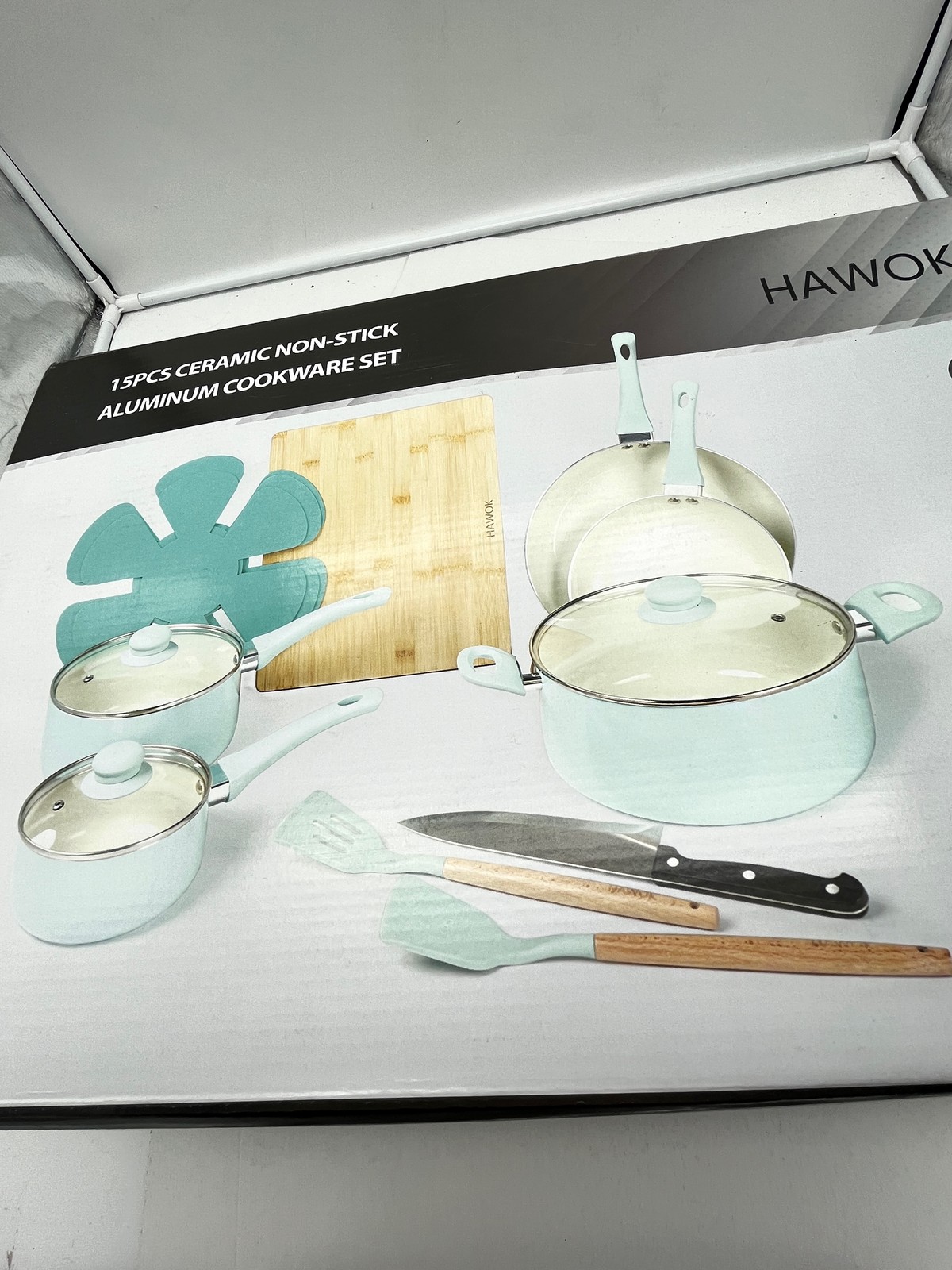 HAWOK 15 Piece Ceramic Non-stick Aluminum Cookware w/ Glass Lids PFAS-Free -NEW