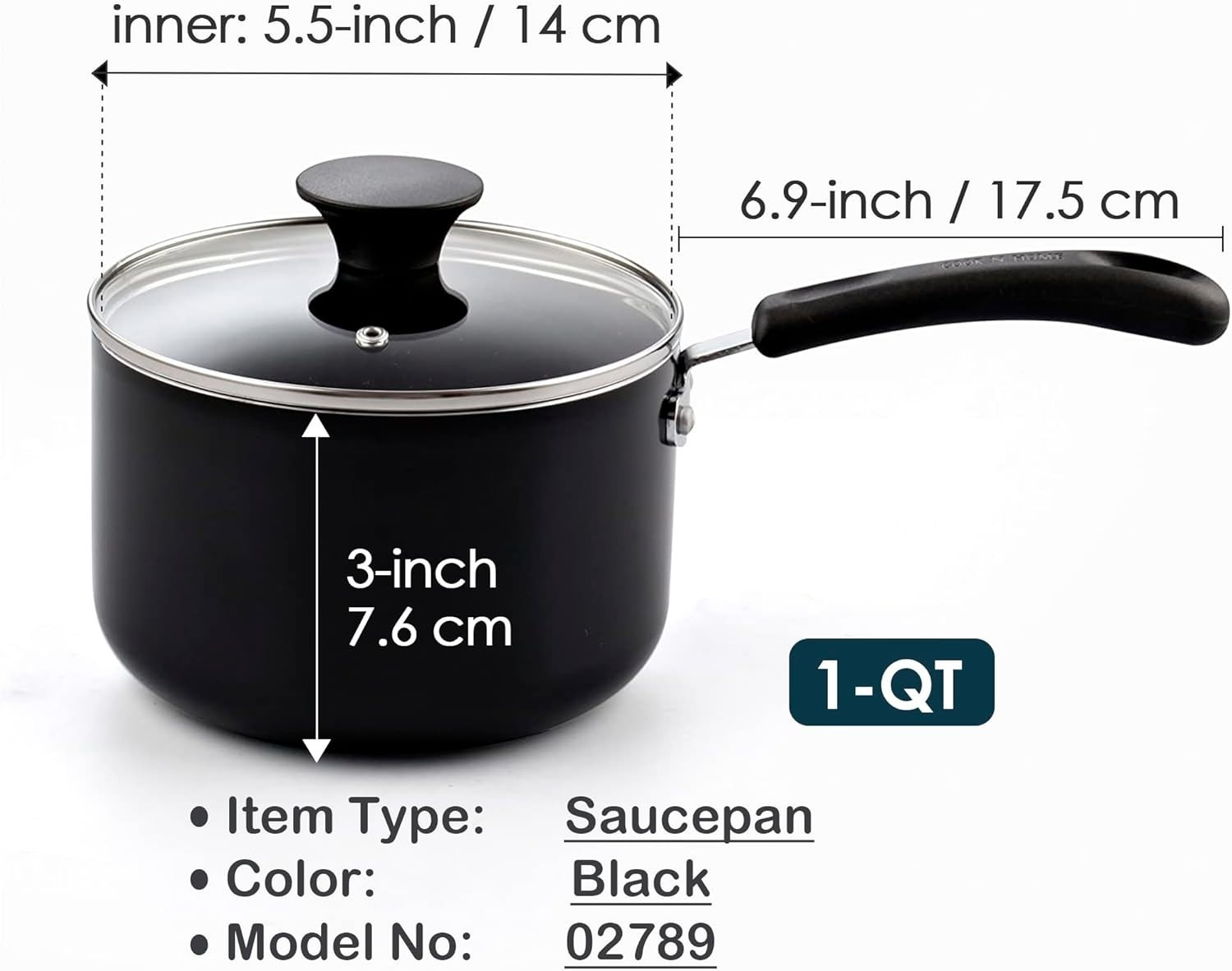 1-Quart Nonstick Saucepan with Glass Lid Aluminum Small Milk Pot Black