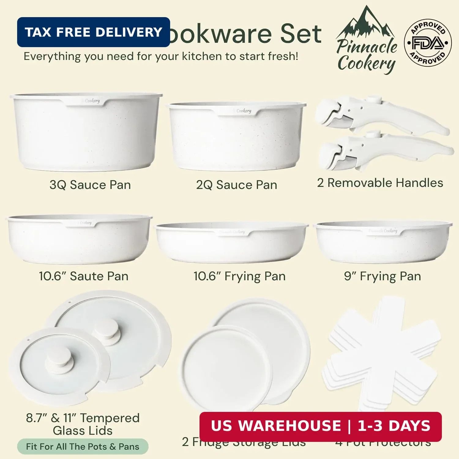 15-Piece White Granite Nonstick Cookware Set – Detachable Handles & Tempered Gla