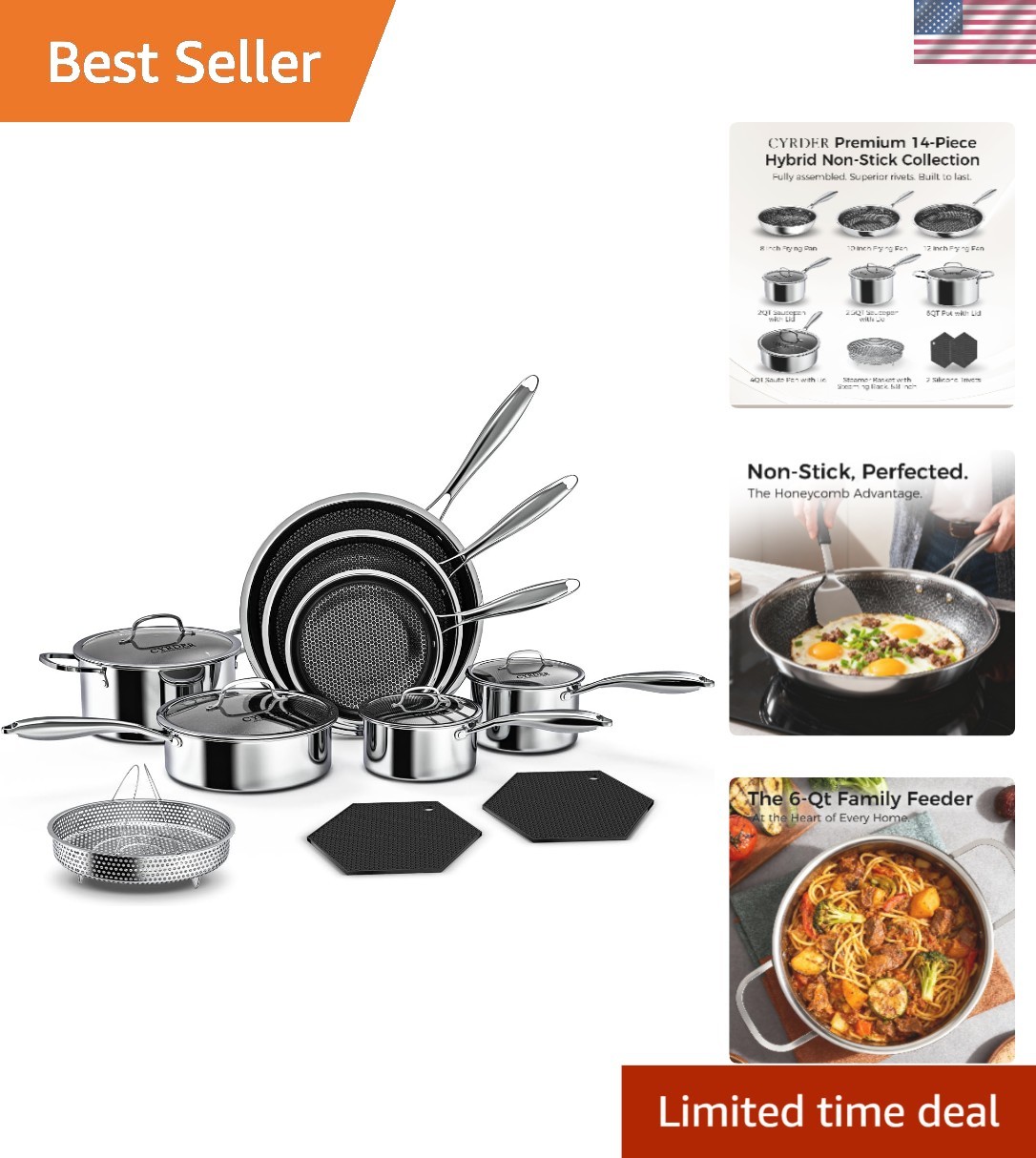 14-Piece PFOA-Free Cookware Set – Hybrid Hex Stainless Steel Essentials