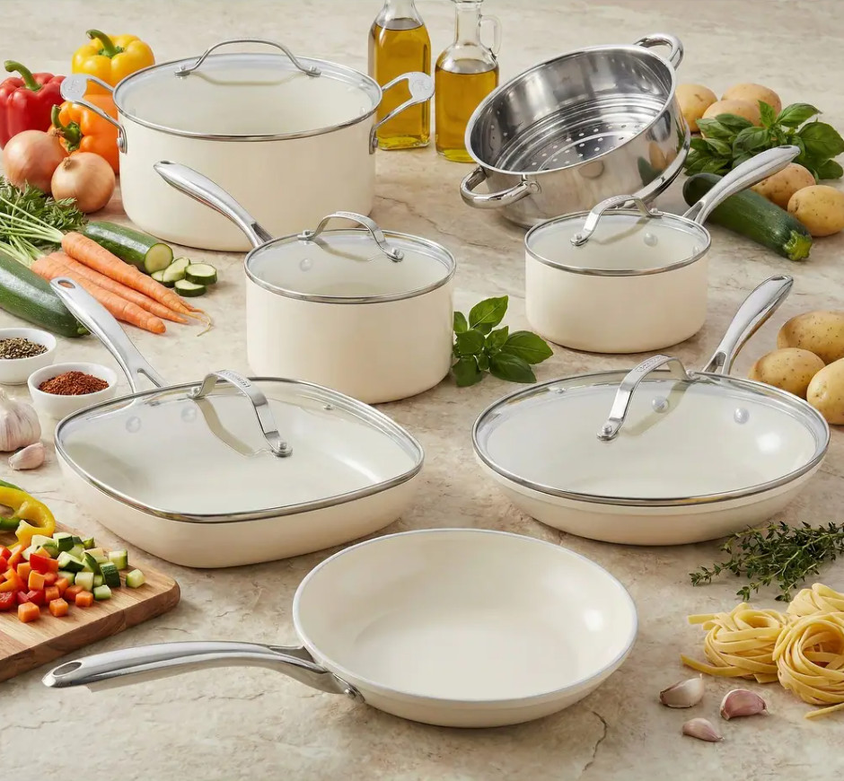 Gotham Steel Cream 12Pc Ultra Nonstick Ceramic Pots & Pans Cookware Set