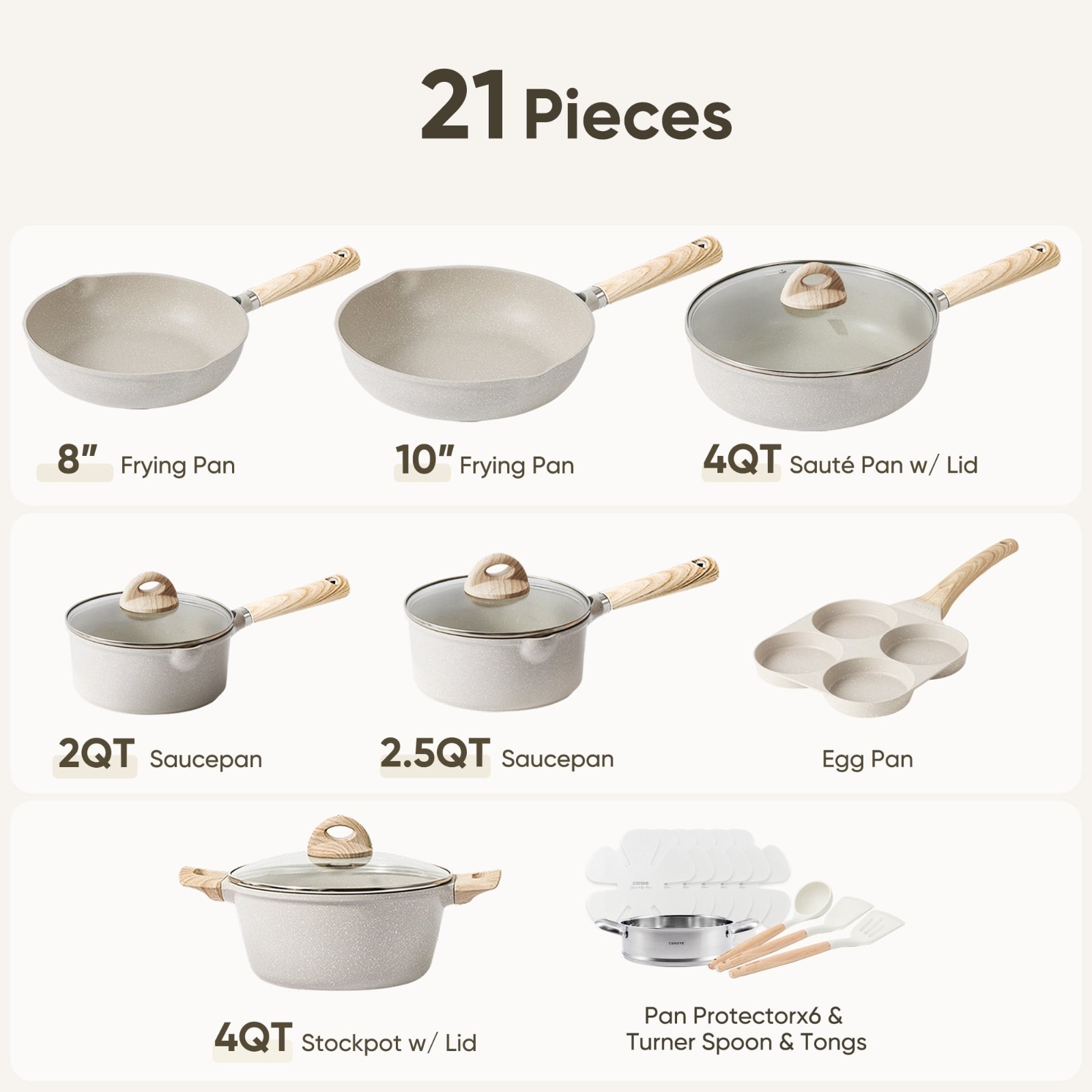 HOT SALES-CAROTE 24 Pcs Granite Nonstick Cookware Set Pots Pans Beige Detachable