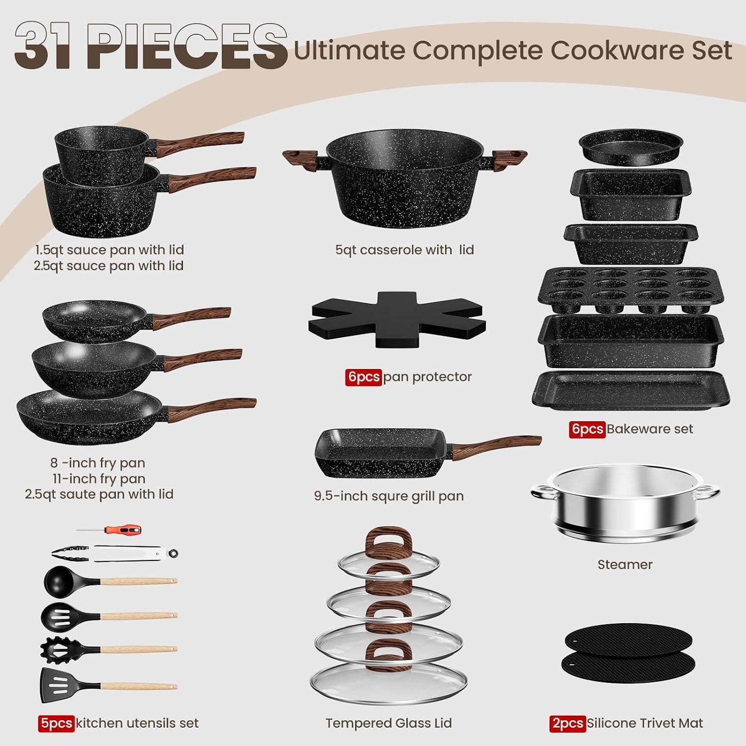 31 Piece Non Stick Induction Cookware Kitchen Pots Pans Set Bakeware Set