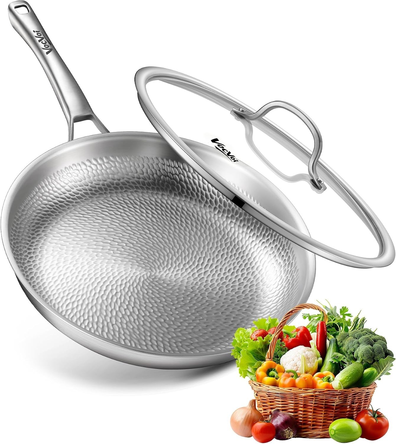 VocVoi Titanium Pan 12 Inch Hammered Frying Pan With Lid Induction